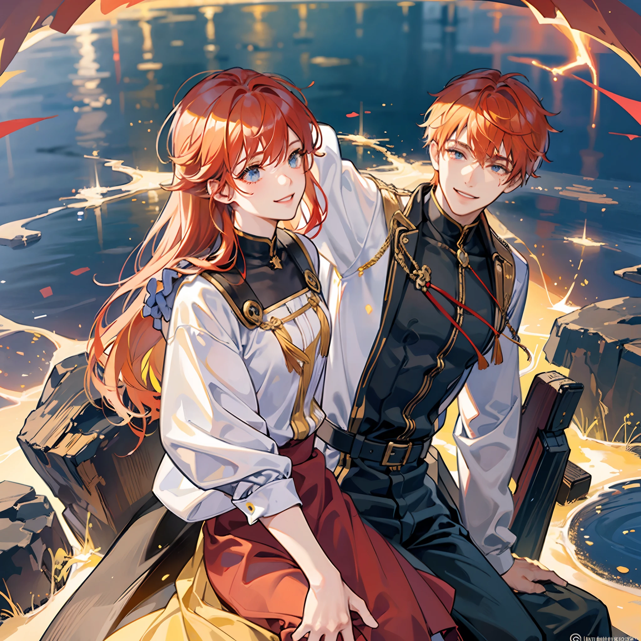 Bonds with peers,Kizuna element,Three men depicted in detail,Detailed smile,Smiling smile,Emotional component,Fire, Water and Thunder,Flame Effect,Water Effect,Lightning Effect,Detailed red hair,Detailed blue hair,Detailed yellow hair,fight,