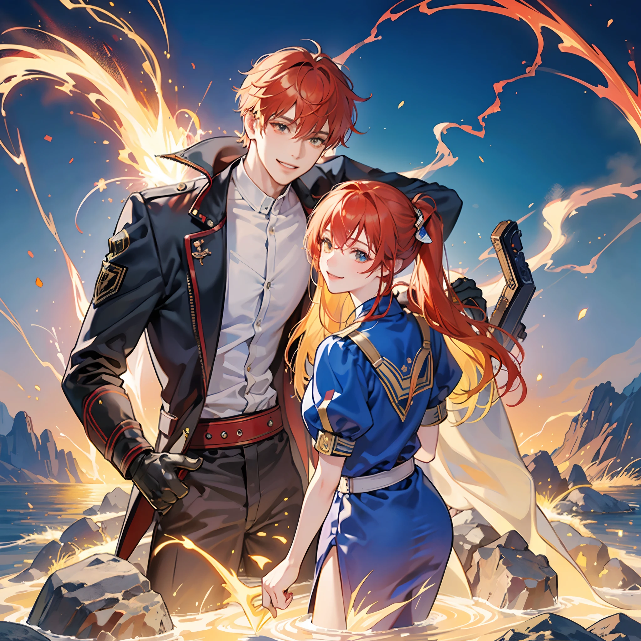 Bonds with peers,Kizuna element,Three men depicted in detail,Detailed smile,Smiling smile,Emotional component,Fire, Water and Thunder,Flame Effect,Water Effect,Lightning Effect,Detailed red hair,Detailed blue hair,Detailed yellow hair,fight,