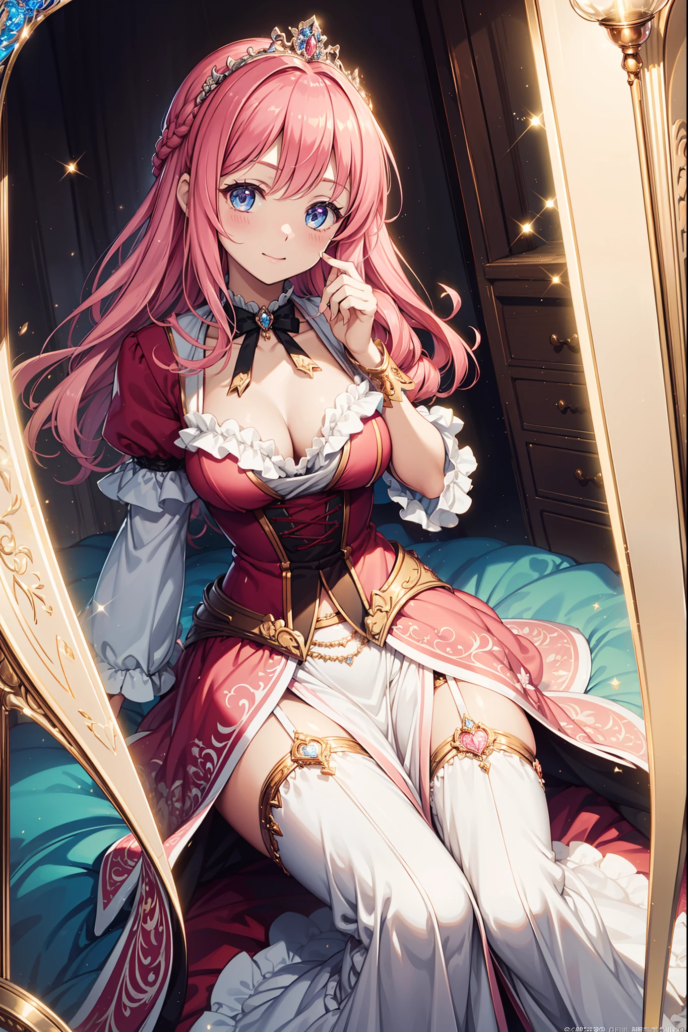 (Best quality, A high resolution, Textured skin, High quality, High details,Extremely detailed CG unity),teens girl,Enchanted,Divine happiness,Being in love,(Red and pink light Victorian princess dress:1.3),(Pink hair),eBlue eyes,(Gorgeous tiara of the princess),Maximalism,Ruffles,Translucent lace,Multi-colored cloth,Delicate embroidery,Delicate pattern,exquisite costumes,Translucent white suburbs,Bedrooms,the night,glittery,(Dazzle:0.6),Movie lighting,the night,solo person,Fluttering skirt,Beautiful and delicate face and hair