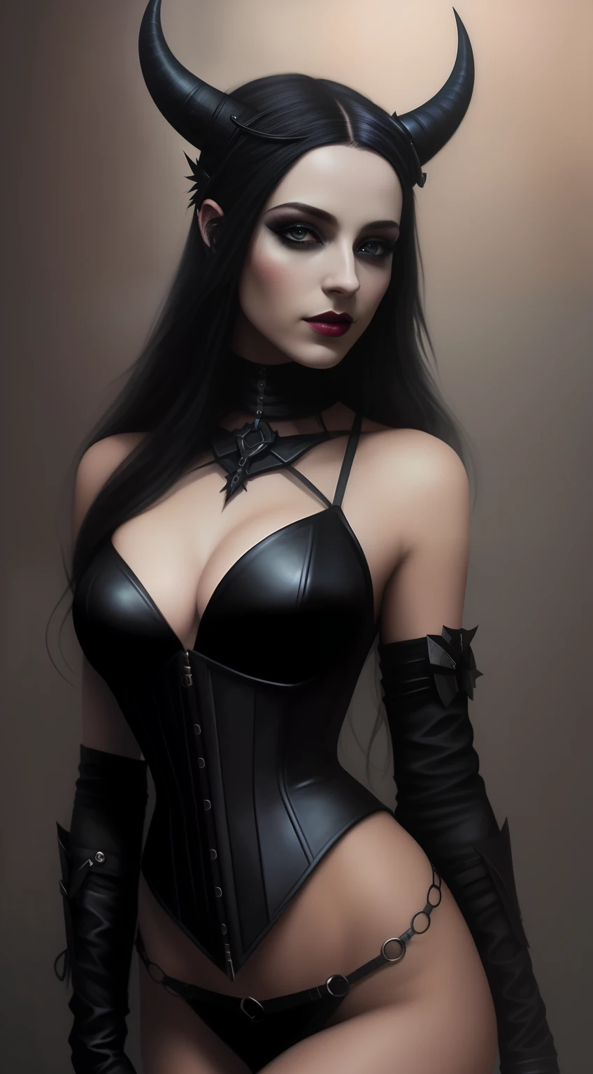 Woman in black corset with horns and black dress, seductive cyberpunk dark fantasy, dark fantasy mixed with realism, Dark fantasy portrait, inspirado por Brom, Detailed Matte Fantasy Portrait, in style of dark fantasy art, Retrato de una diosa oscura, dark fantasy style art, inspirado en Art of Brom, Retrato de una bruja oscura, Pintura digital sensual