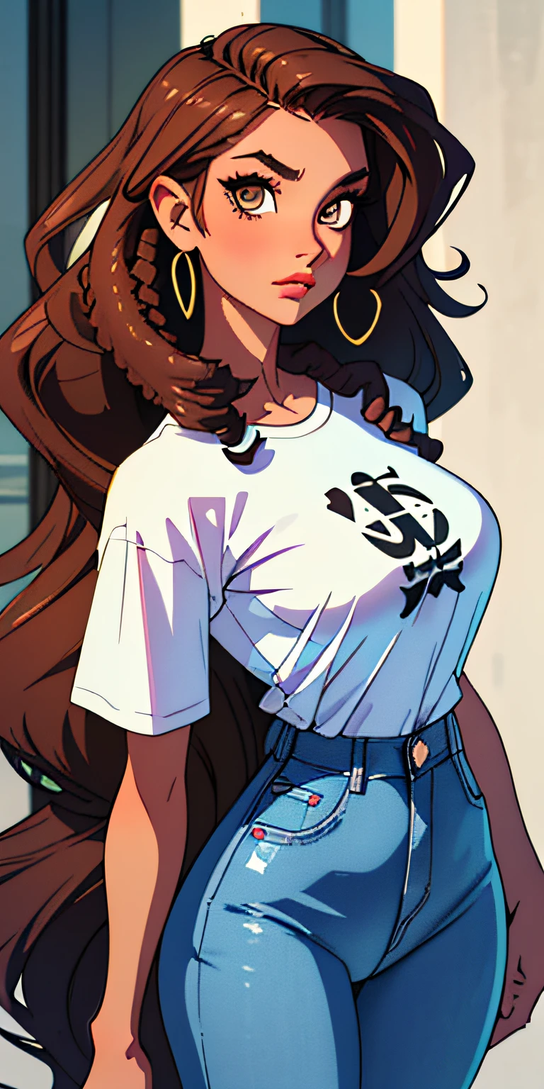 （best qualtiy， tmasterpiece）， woman，Beautiful detailed eyes,beautiful detailed lips,Extremely detailed eyes and face,long eyelasher). She wears modern T-shirt jeans, and her (Graceful, elegant) The posture exudes confidence and (Femininity, strength)of girls， Contemporary， curlies， big breasts beautiful， with brown skin， black in color