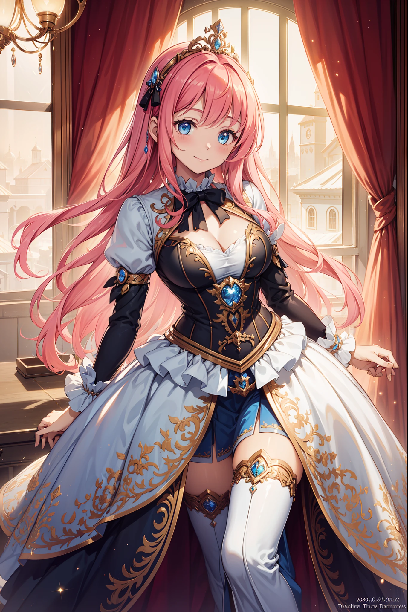 (Best quality, A high resolution, Textured skin, High quality, High details,Extremely detailed CG unity),teens girl，Enchanted，Divine happiness，Being in love，(Light Victorian princess dress:1.2)，Pink hair，eBlue eyes，(Gorgeous tiara of the princess)，Maximalism，Ruffles，Translucent lace，Multi-colored cloth，Delicate embroidery，Delicate pattern，exquisite costumes，Transparent outer skirt，Bedrooms，the night，glittery，(Dazzle:1.2)，Movie lighting，the night，solo person，Fluttering skirt，Beautiful detailed face and hair