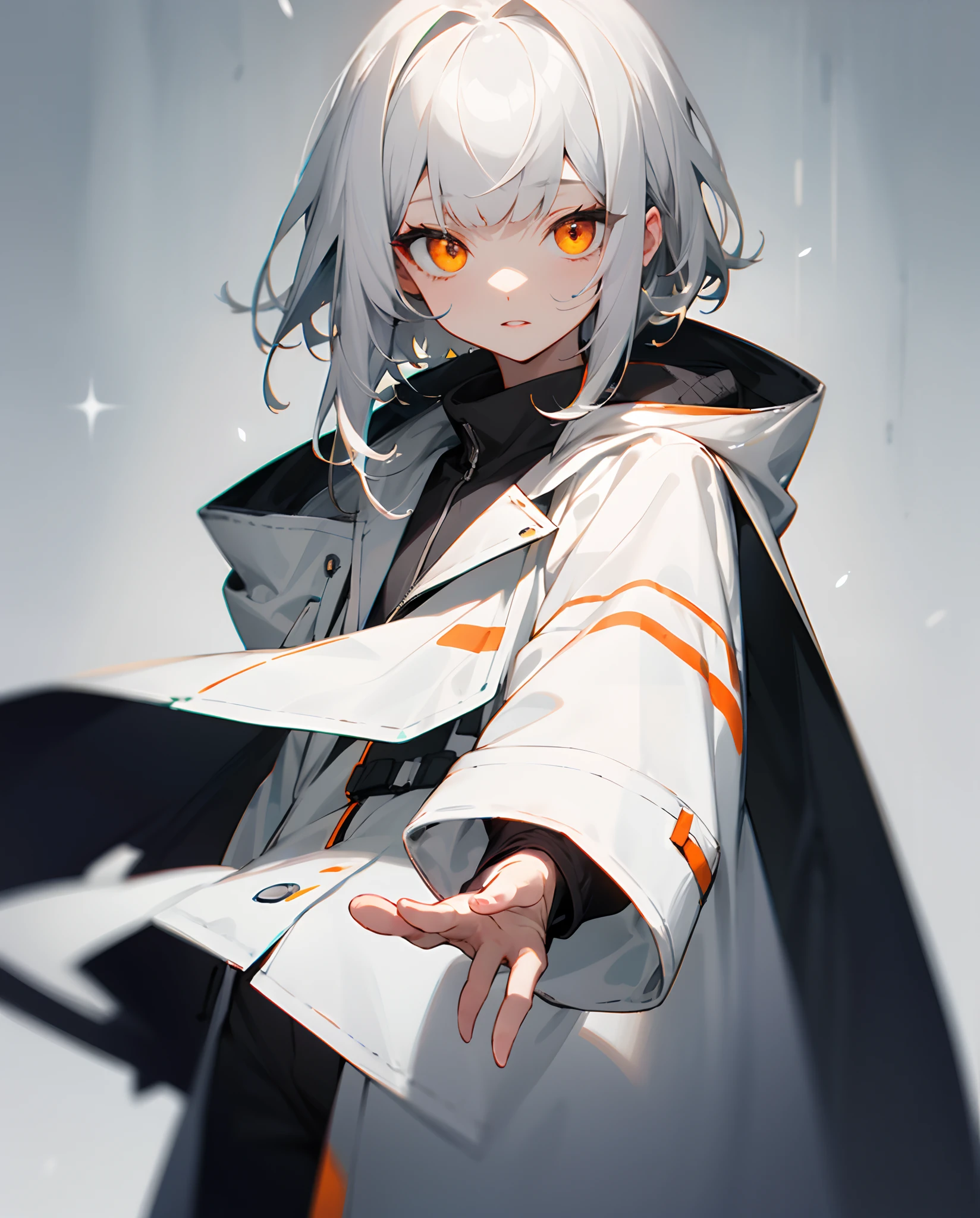Gray hair color Right eye is hidden by bangs Orange eye color White coat Left hair stretched out Looking proudly at me