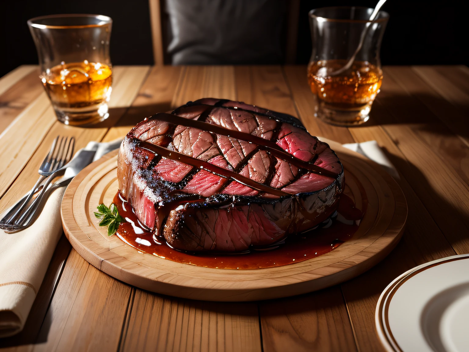an amazing photo of delicious juicy Steak,
food photography, steaming, wooden table
with natural deco and fabric, garnish on the
table, 8k resolution, Michelin art kitchen
style, Close-up, from above, chiaroscuro,
cinematic lighting --q2