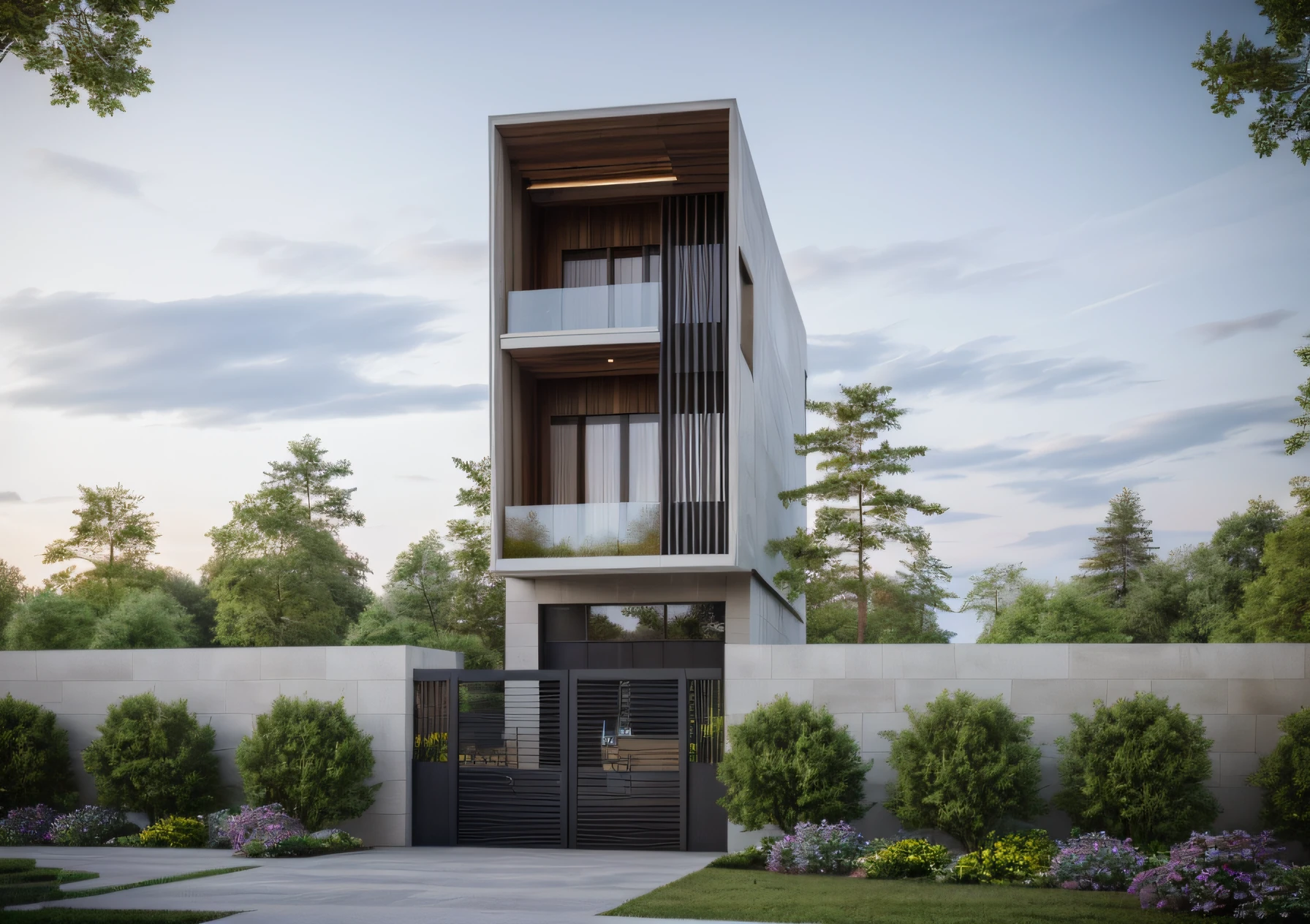 (masterpiece),(high quality), best quality, real,(realistic), super detailed, (full detail),(4k),8k,modern house exterior design,Modern architecture,Beautiful_sky,Day light, no_humans, outdoors,sky,tree,Garden flower front of building,