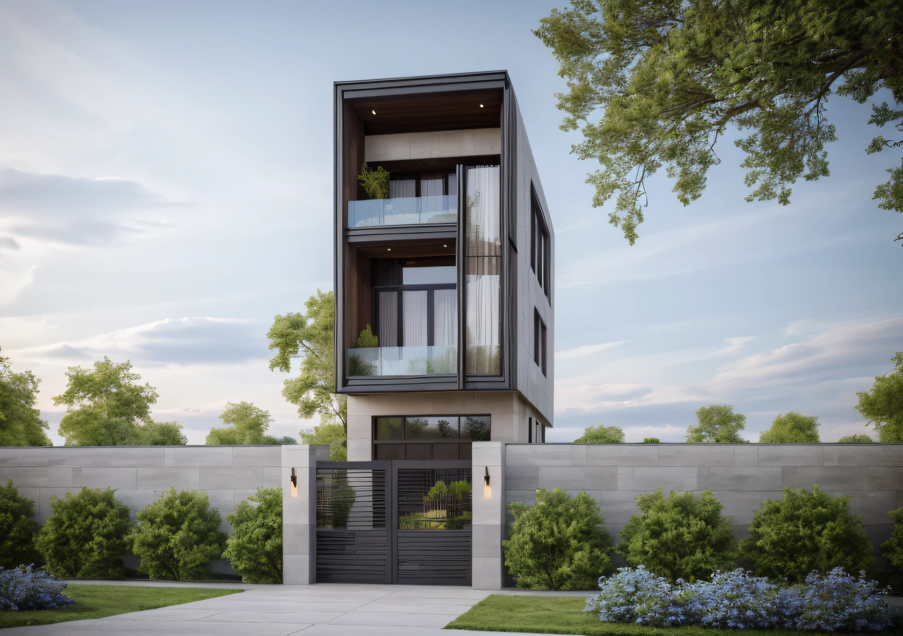 (masterpiece),(high quality), best quality, real,(realistic), super detailed, (full detail),(4k),8k,modern house exterior design,Modern architecture,Beautiful_sky,Day light, no_humans, outdoors,sky,tree,Garden flower front of building,