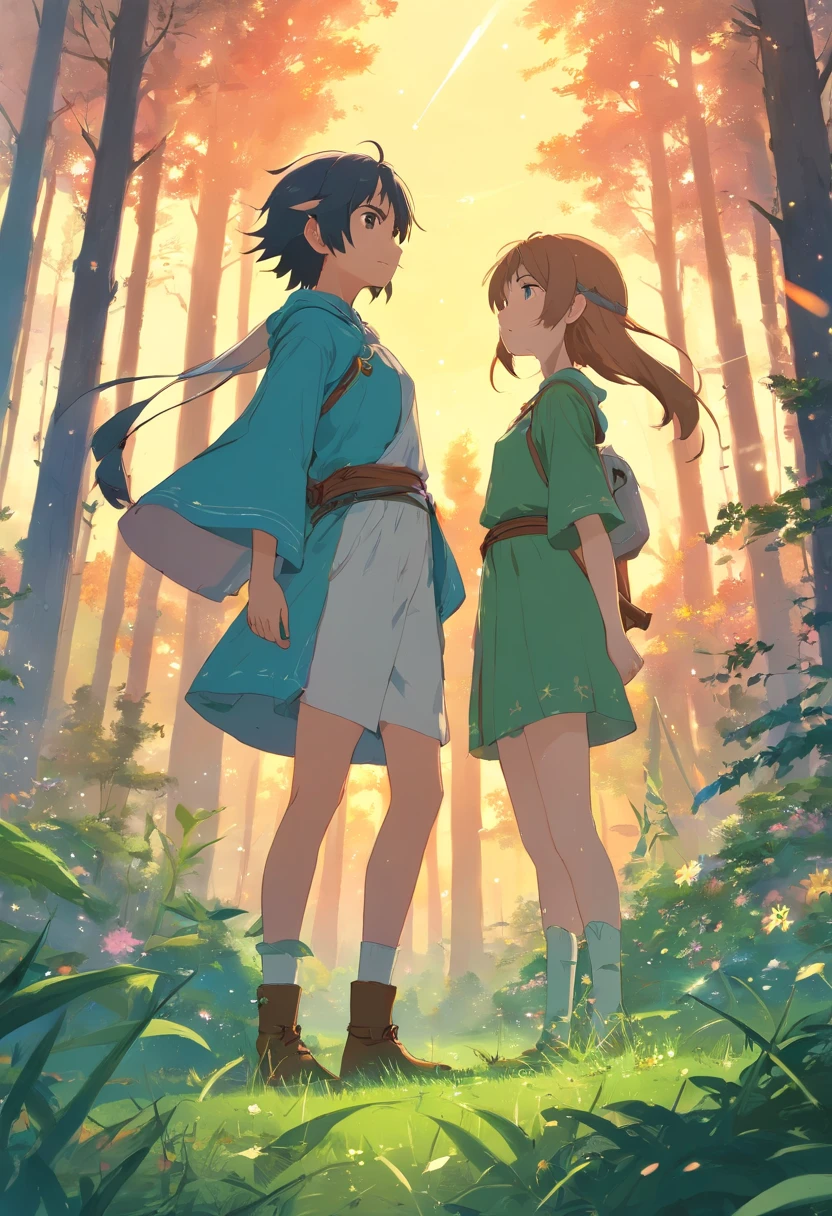 View of the entire elven kingdom in the middle of the dense forest, proportion Aurea, Detalhe falso, trending pixiv fanbox, acrylic palette knife, estilo de makoto shinkai studio ghibli genshin impact james gilleard greg rutkowski chiho aoshima Vastas fotos de paisagem, uma menina de costas de cabelos vermelhos, Battle clothes standing on a prairie looking up at the sky, estrelas cadentes, vaga-lumes, sonhos
