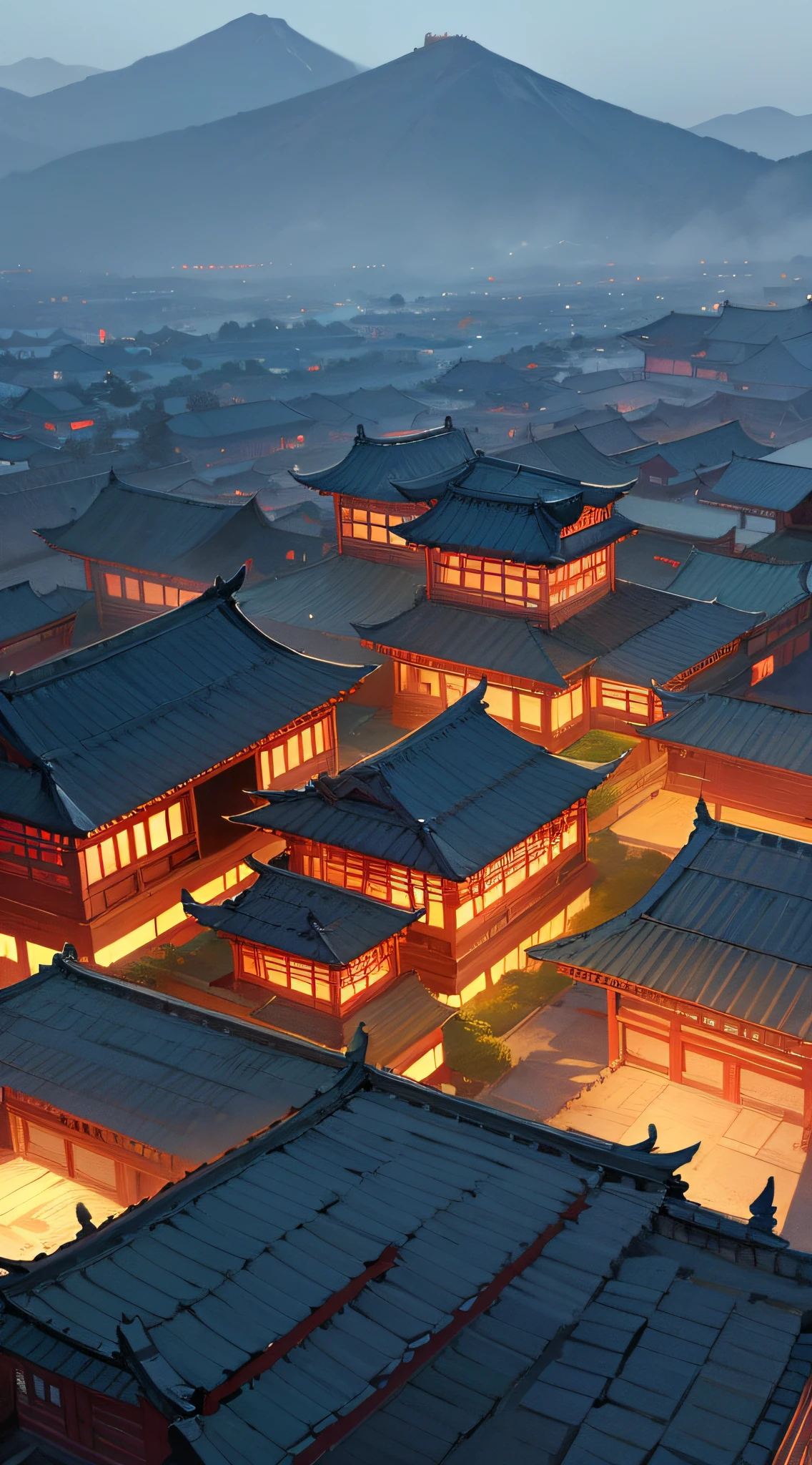 Ancient house view,Chinese-style ancient house,Panorama of the ancient house,Ancient house,There are no characters:1.2,Spooky,nigth,Mountains in the background