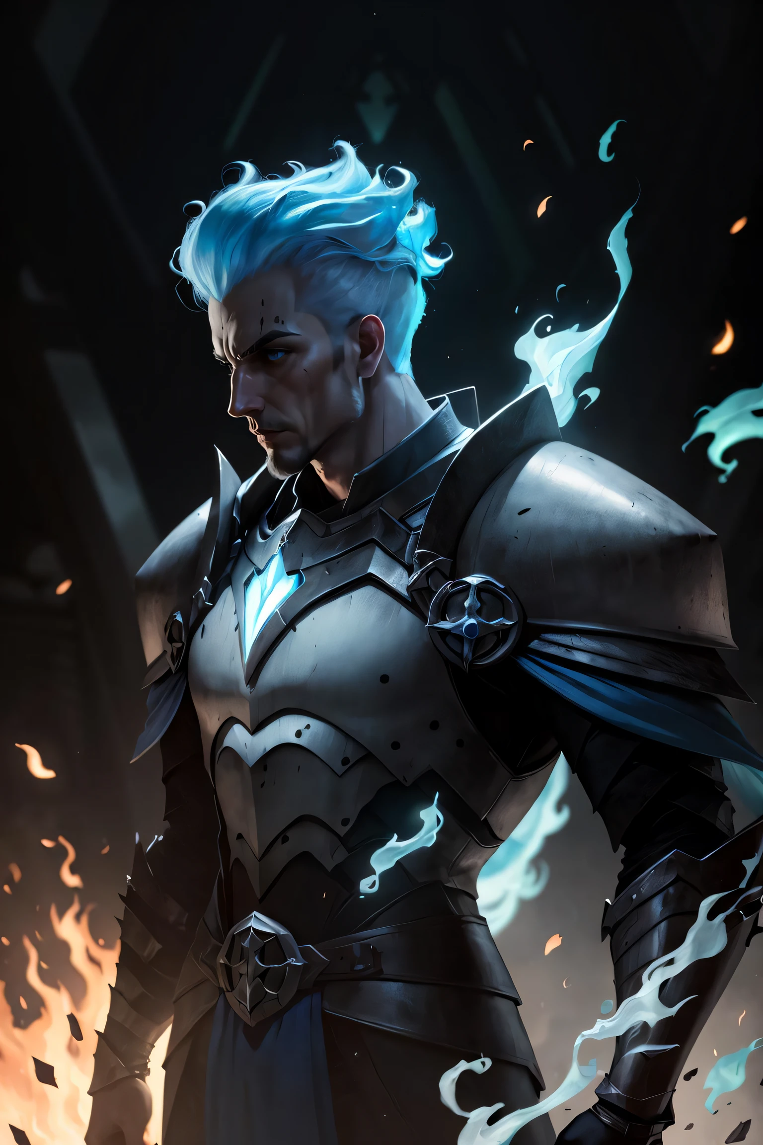 ((masterpiece,best quality))
Grezhul_AFK, solo, grey skin, 1boy, , from the side, fiery hair, blue fire, cowboy shot, Breastplate, armor, 
| cinematic composition, dark theme,  blue fire, 
| bokeh, depth of field, cinematic composition, |