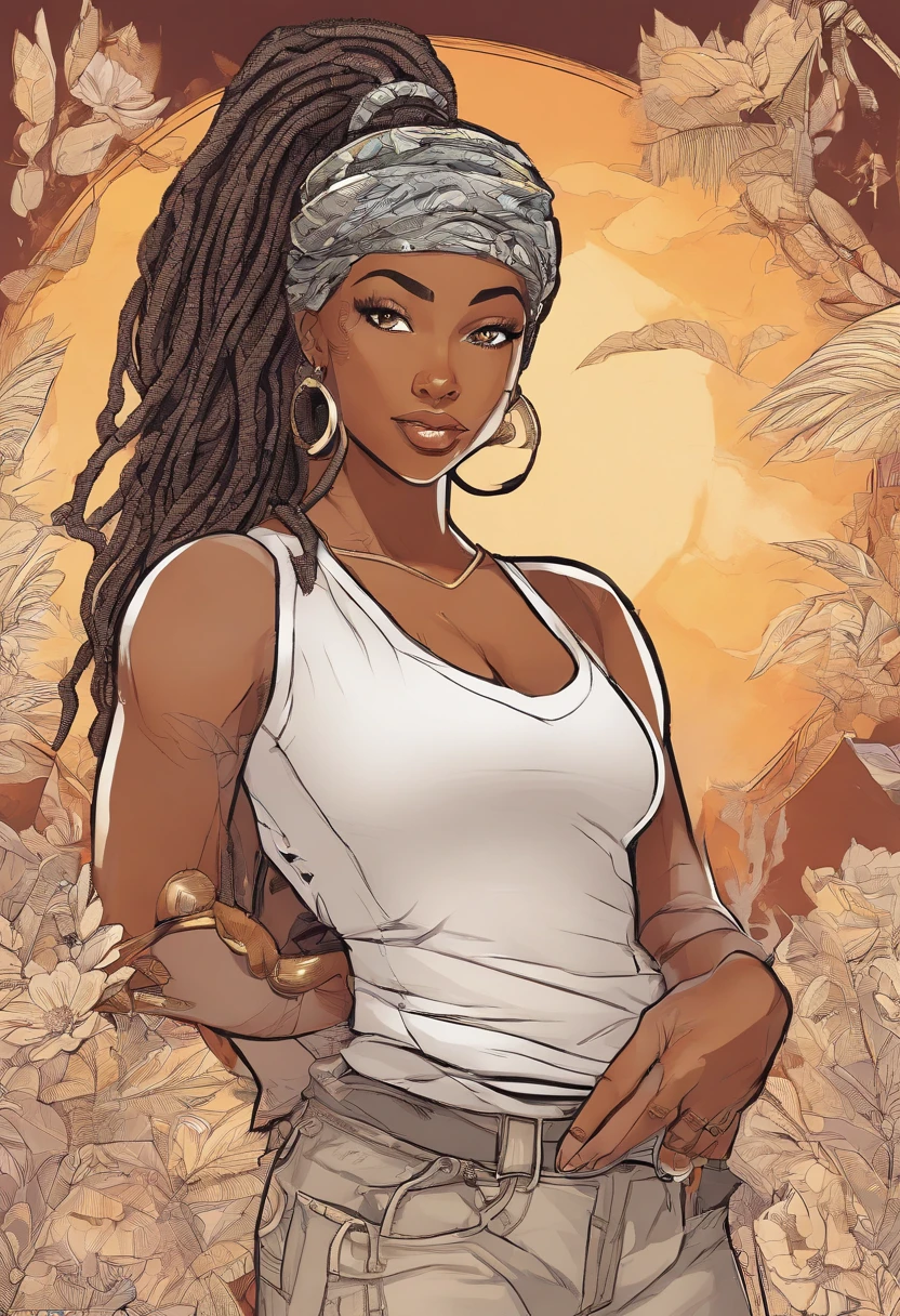 A lady) with (ebony,black) (skin,complexion) Slightly fat and upward (Long, Flowing) ( Nero, Dark) (dreadlocks, Hair), (Beautiful detailed eyes,beautiful detailed lips,Extremely detailed eyes and face,long eyelasher). She wears modern T-shirt jeans, and her (Graceful, elegant) The posture exudes confidence and (Femininity, strength)of girls all over the body(Realistic,Photorealistic:1.37) (Best quality,A high resolution), with (Vivid,Rich) Color and (Sharp,undefined) Details.
