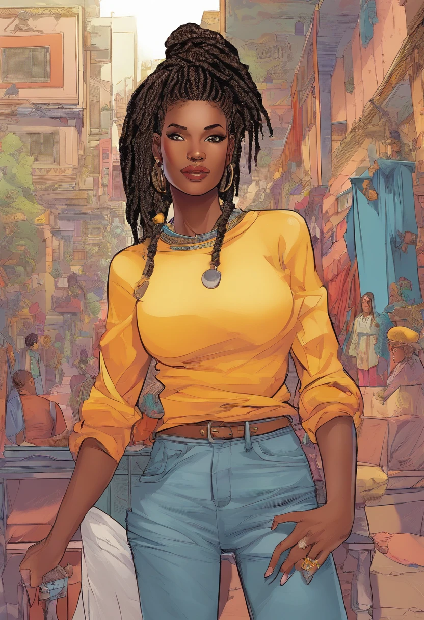 A lady) with (ebony,black) (skin,complexion) Slightly fat and upward (Long, Flowing) ( Nero, Dark) (dreadlocks, Hair), (Beautiful detailed eyes,beautiful detailed lips,Extremely detailed eyes and face,long eyelasher). She wears modern T-shirt jeans, and her (Graceful, elegant) The posture exudes confidence and (Femininity, strength)of girls all over the body(Realistic,Photorealistic:1.37)  (Best quality,A high resolution), with (Vivid,Rich) Color and (Sharp,undefined) Details.