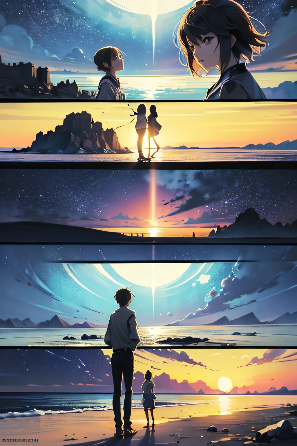 comic strip，Cartoon Split，Exceptional，Storyboard，Masterpiece, Anime college student standing by the sea, Bright starry sky. romantic couple, Makoto Shinkai's picture, Pisif, concept-art, Lofi art style, Reflection. By Makoto Shinkai, Lofi art, beautiful anime scenes, Anime landscape, Detailed scenery —width 672, in the style of makoto shinkai, Makoto Shinkai's style, Enhanced detail.