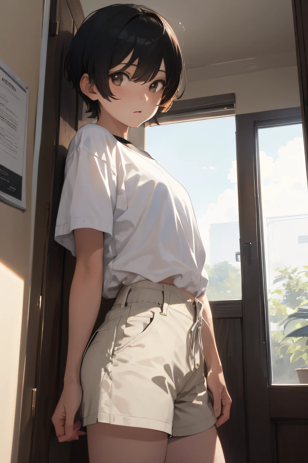 1boy, sexy, short hair, brown eyes, white shirt, black shorts, home, high res, ultrasharp, 8K, masterpiece, looking at viewer