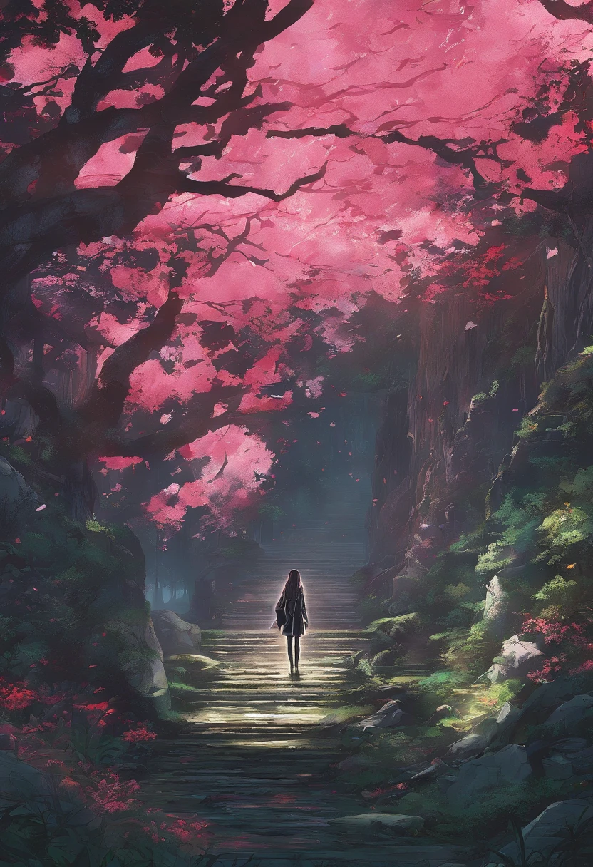 uma menina de costas de cabelos vermelhos, Battle Clothes Standing On, View of the entire elven kingdom in the middle of the dense forest, proportion Aurea, Detalhe falso, trending pixiv fanbox, acrylic palette knife, estilo de makoto shinkai studio ghibli genshin impact james gilleard greg rutkowski chiho aoshima Vastas fotos de paisagem,