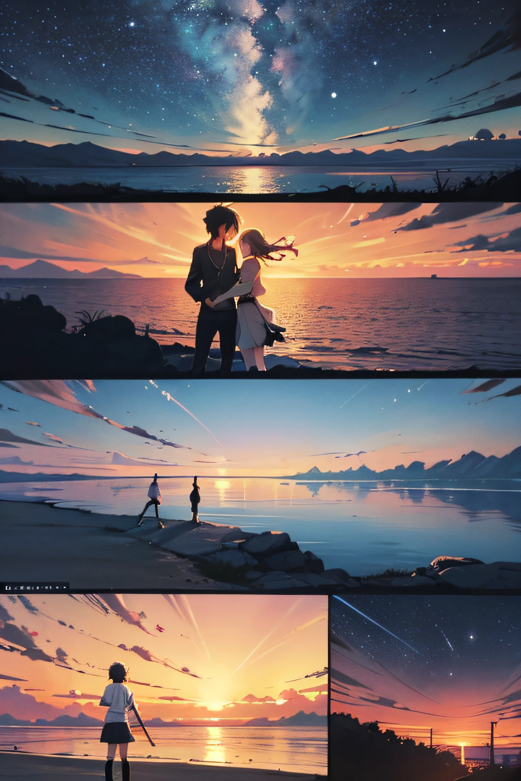 comic strip,Cartoon Split,Exceptional,Storyboard,Masterpiece, Anime college student standing by the sea, Bright starry sky. romantic couple, Makoto Shinkai's picture, Pisif, concept-art, Lofi art style, Reflection. By Makoto Shinkai, Lofi art, beautiful anime scenes, Anime landscape, Detailed scenery —width 672, in the style of makoto shinkai, Makoto Shinkai's style, Enhanced detail.