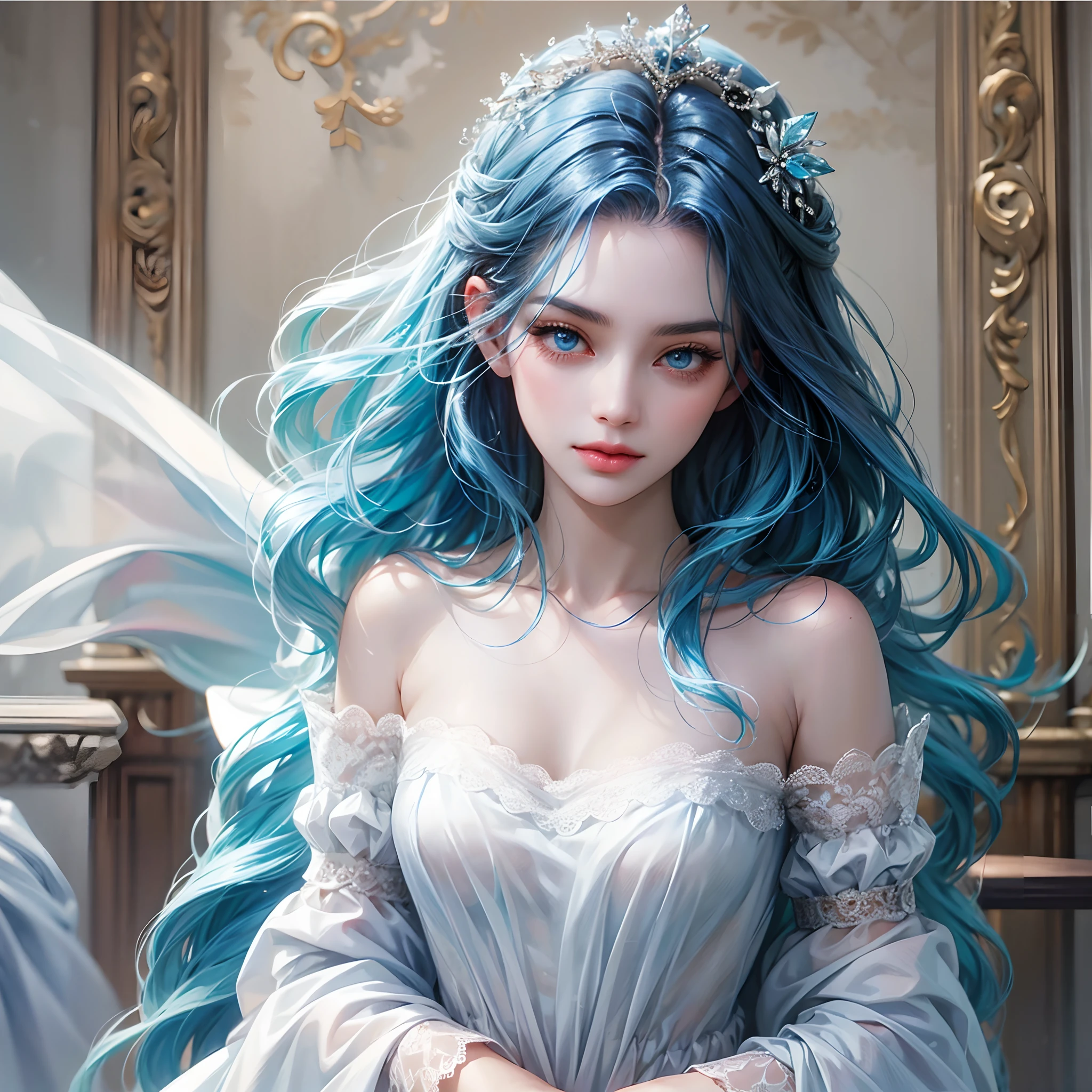 a women, blue hair, blue eyes, white dress