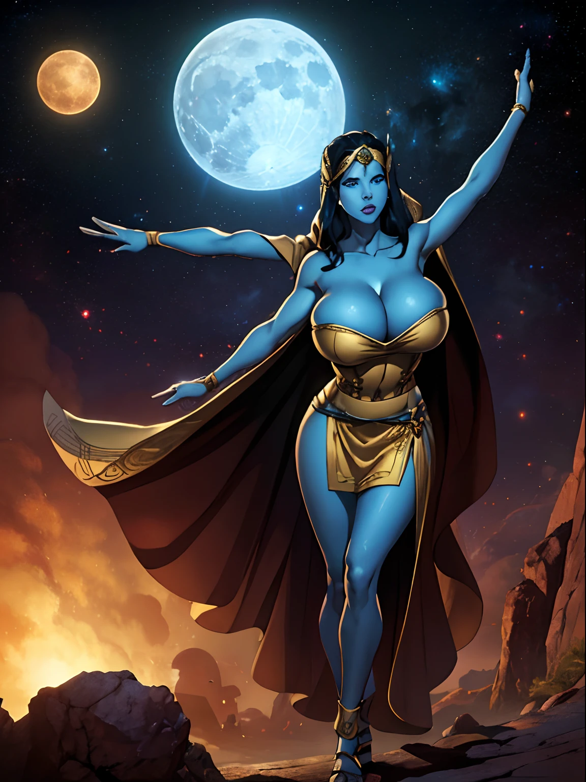 (masterpiece, top quality, best quality, official art, beautiful and aesthetic:1.2), (1girl:1.3), dark blue hair in braid, extremely detailed, portrait, looking at viewer, solo, (full body:0.6), detailed background, close up, (cool science fiction space theme:1.1), ((((blue skin)))), extremely busty alien sorceress, charlatan, mysterious, casting spells in space, four arms, revealing white and gold robes, fingerless gloves, long gloves, glowing magical energy, white blindfold, elaborate headdress, golden ceremonial winged crest, sheer white fabric, elegant robes, skirts, streamers, cowl, cape, sandals, bracers, ((((four arms, gigantic breasts, cleavage, skindentation)))), slim waist, slim hips, long legs, athletic, SPACE, futuristic moon, (space exterior:1.1) background, dark mysterious lighting, shadows, magical atmosphere, dutch angle
