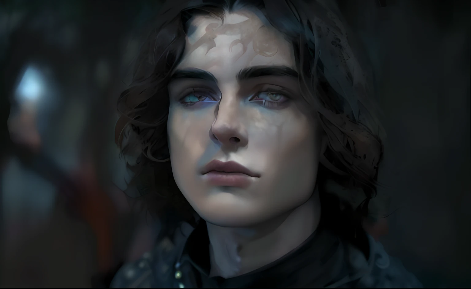 fantasy, medieval dark forest, Young Man, dark colored hair, amber eyes, light skin, graceful facial features, silk shirt, Jewelry around the neck with gems, Looks a bit like Timothée Chalamet, magic, Summon shadow, shadow mage