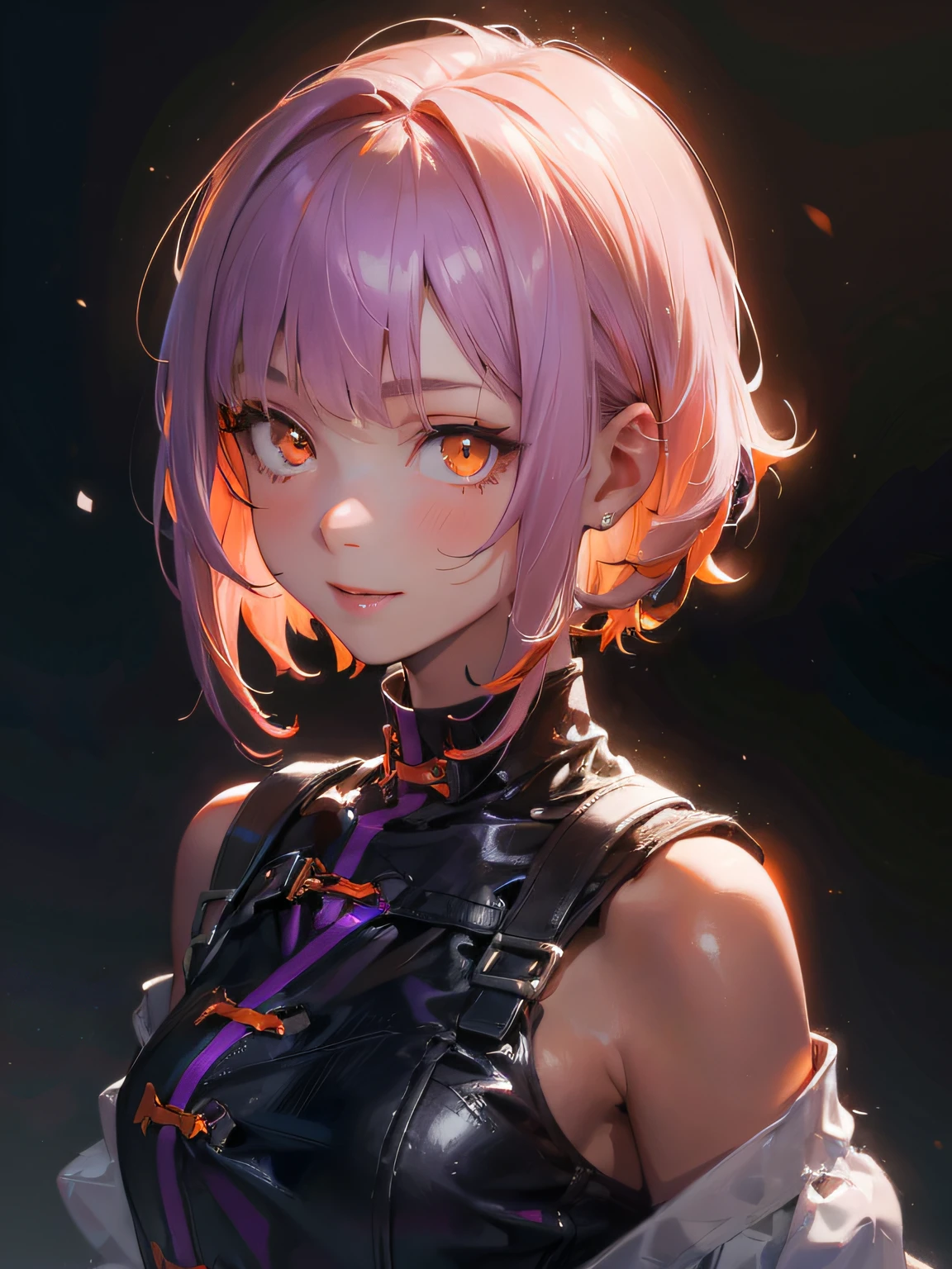 a 19 yo girl , Light Pink Hair , (hi-top fade:1.3) , dark themed , Muted Tones , Subdued Color , highly contrast , (natural skin textures , Hyper-Realism , Soft light , sharp) , ((Light Purple Aodai)) , ((shoulder-length hair)) , (bright orange eyes) , friendly expression , focus on the face , opposite shot , full head ,friendly smile, (bright orange eyes:1.5) , cute smile