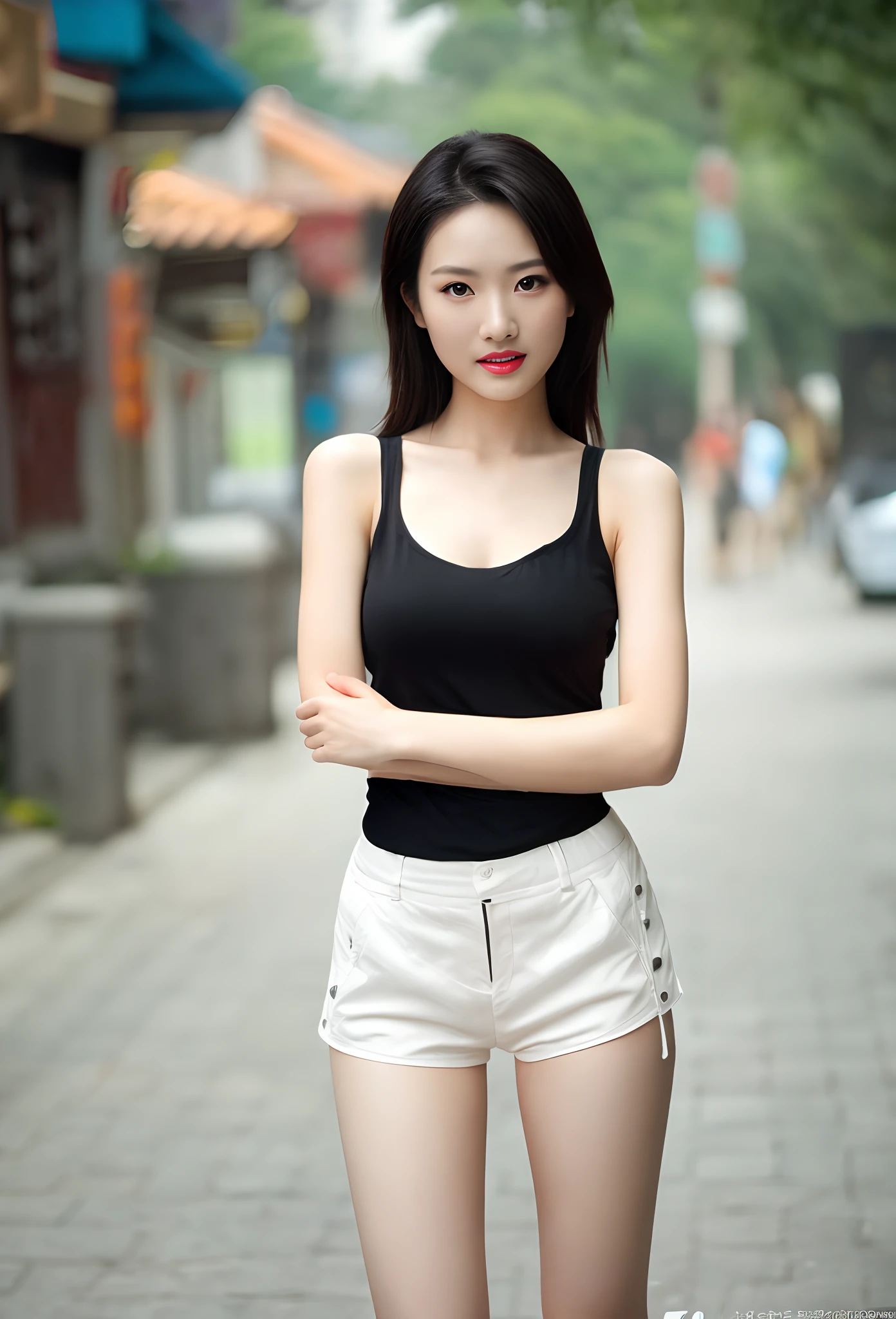 Girl in black top and white shorts, she is wearing a black tank top, gorgeous chinese models, ,tight black tanktop：1.4, 2 4 year old female model, hot with shining sun, （（（（Authentic and meticulous expressions：1.5）））A beautiful Asian girl, Black top,，Sony SLR，Master masterpieces，HD focused chest（（Exposed and：1.4））