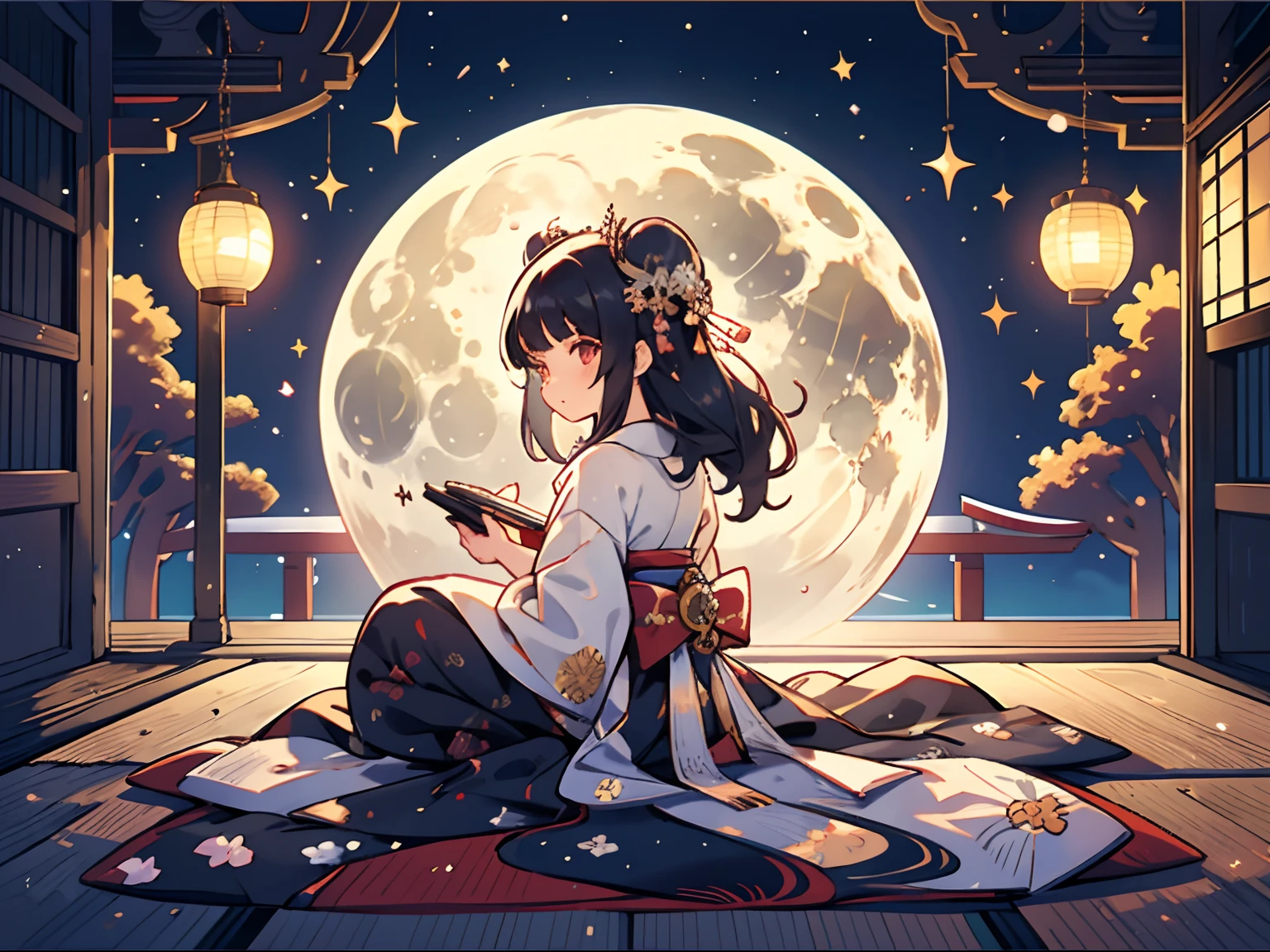 One girl is looking backwards at the moon, Girl with long black hair hanging on the floor, 11 kimonos are 10 double kimonos worn by noblewomen in the Heian period., Far side of the moon, Girl in the back looking at a very beautiful moon, (On the veranda in the Japan style:1.2), Set the moon dumplings aside, A vase with soot is placed nearby, Colorful, ultra-detailliert, high-level image quality, [[[[[multiple arms]]]]]