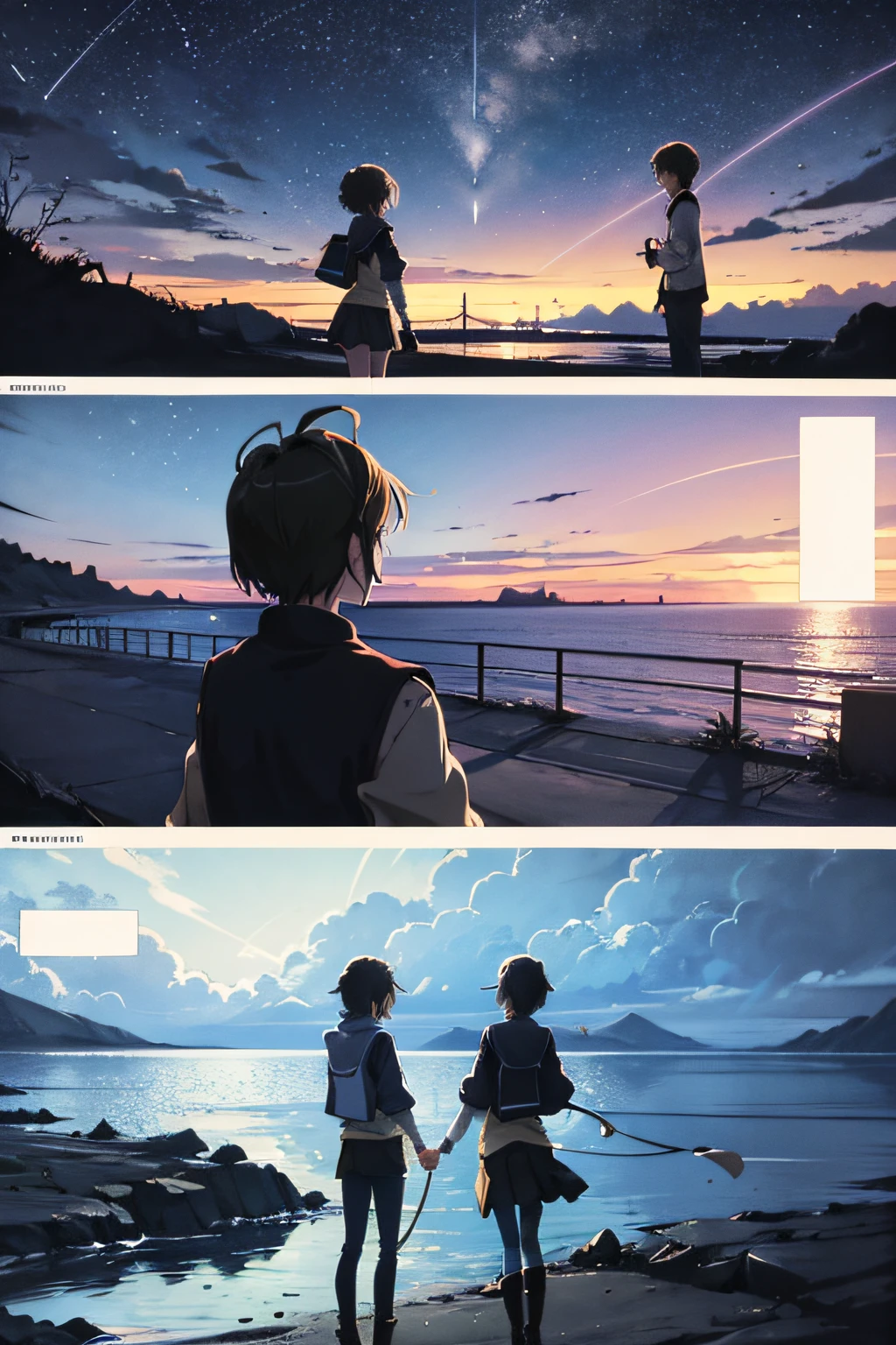 comic strip,Cartoon Split,Exceptional,Storyboard,Masterpiece, Anime college student standing by the sea, Bright starry sky. romantic couple, Makoto Shinkai's picture, Pisif, concept-art, Lofi art style, Reflection. By Makoto Shinkai, Lofi art, beautiful anime scenes, Anime landscape, Detailed scenery —width 672, in the style of makoto shinkai, Makoto Shinkai's style, Enhanced detail.