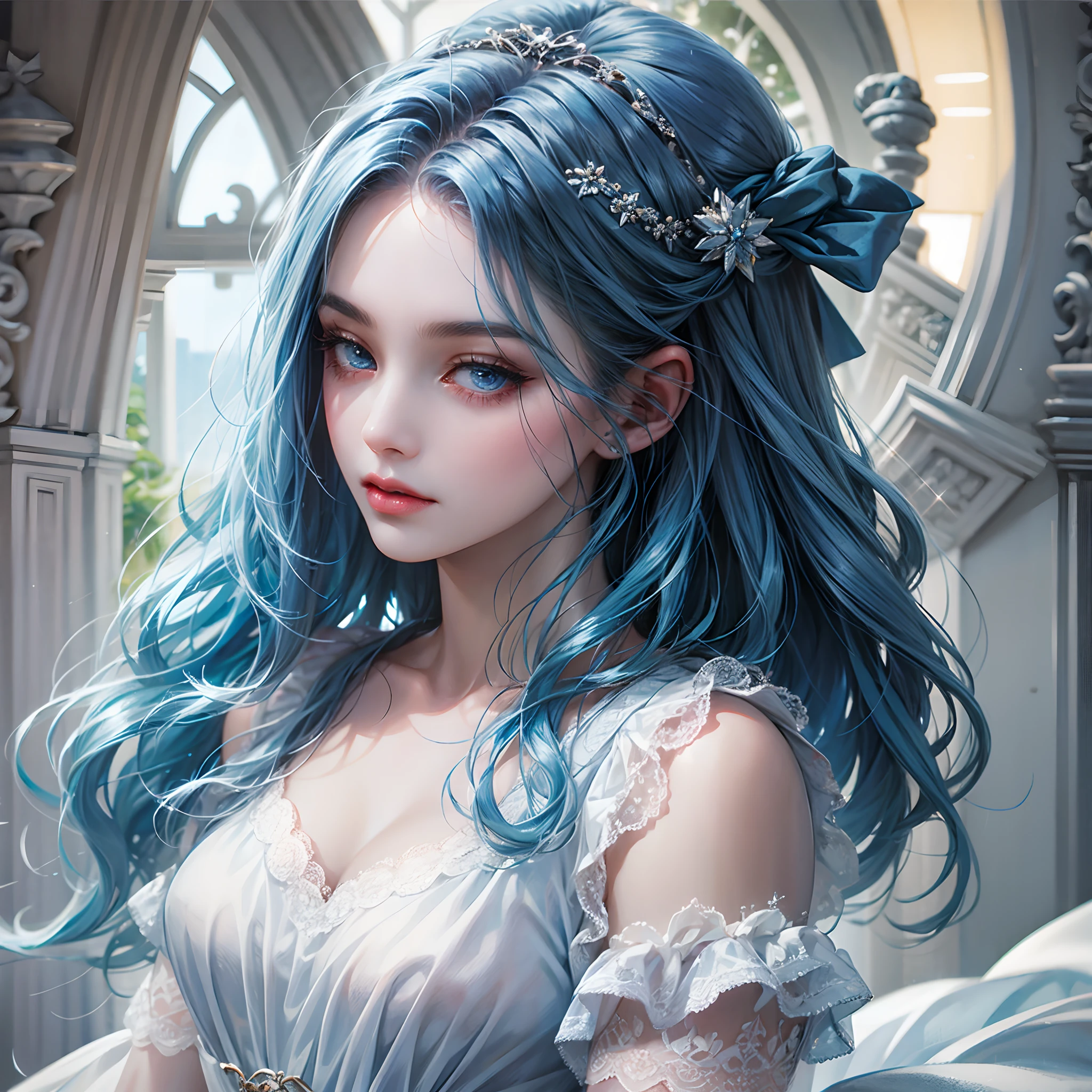 a women, blue hair, blue eyes, white dress