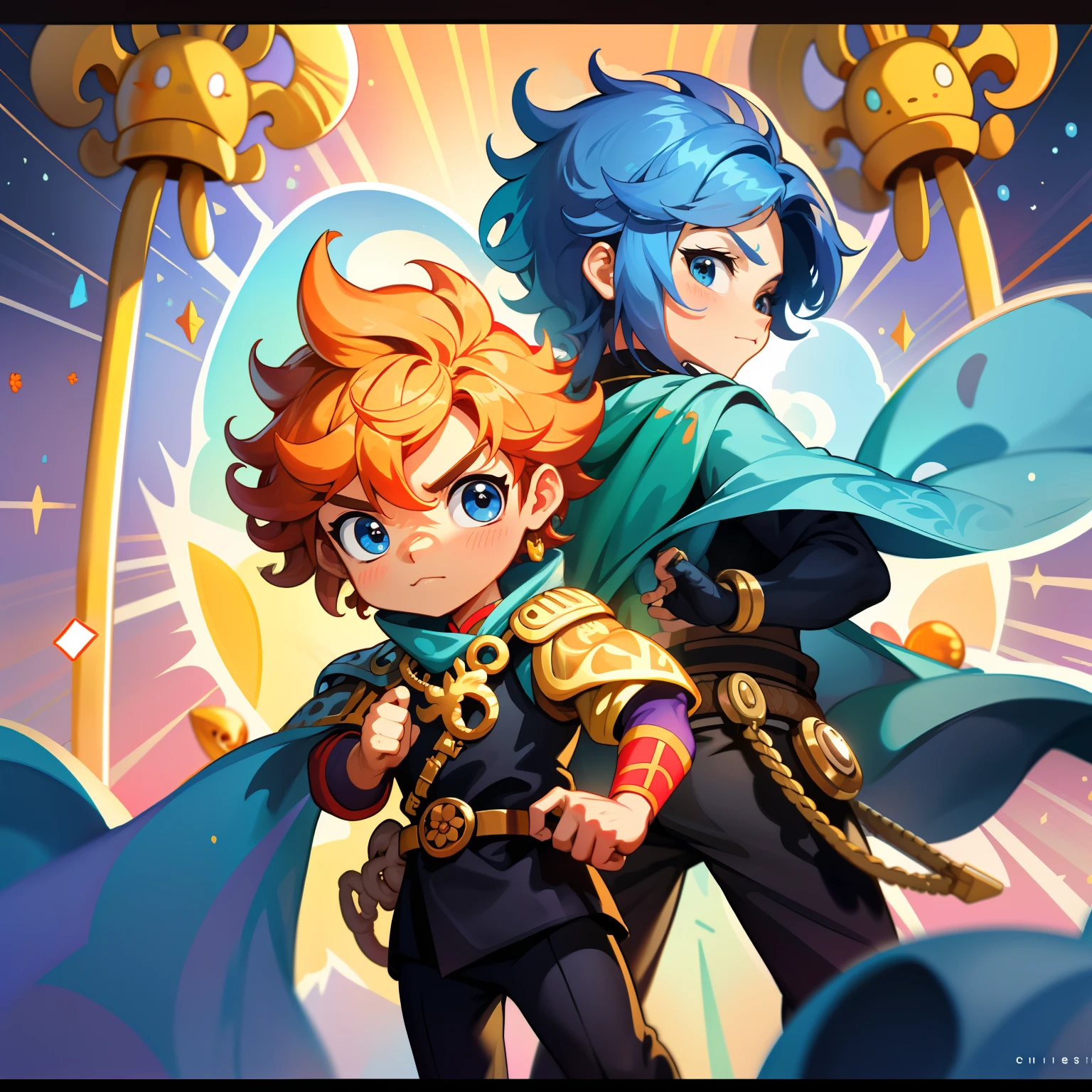 Adesivos, fundo simples, dois personagens masculinos, coroa de ouro, um rei vislumbrando seu sucessor no treinamento de combate, Inside the Royal Palace, Children's Story Illustrations, conta de fadas, cores vibrantes, um rei velho, um novo rei jovem, cartoon illustration, disco Rigido, best quality, Chibi