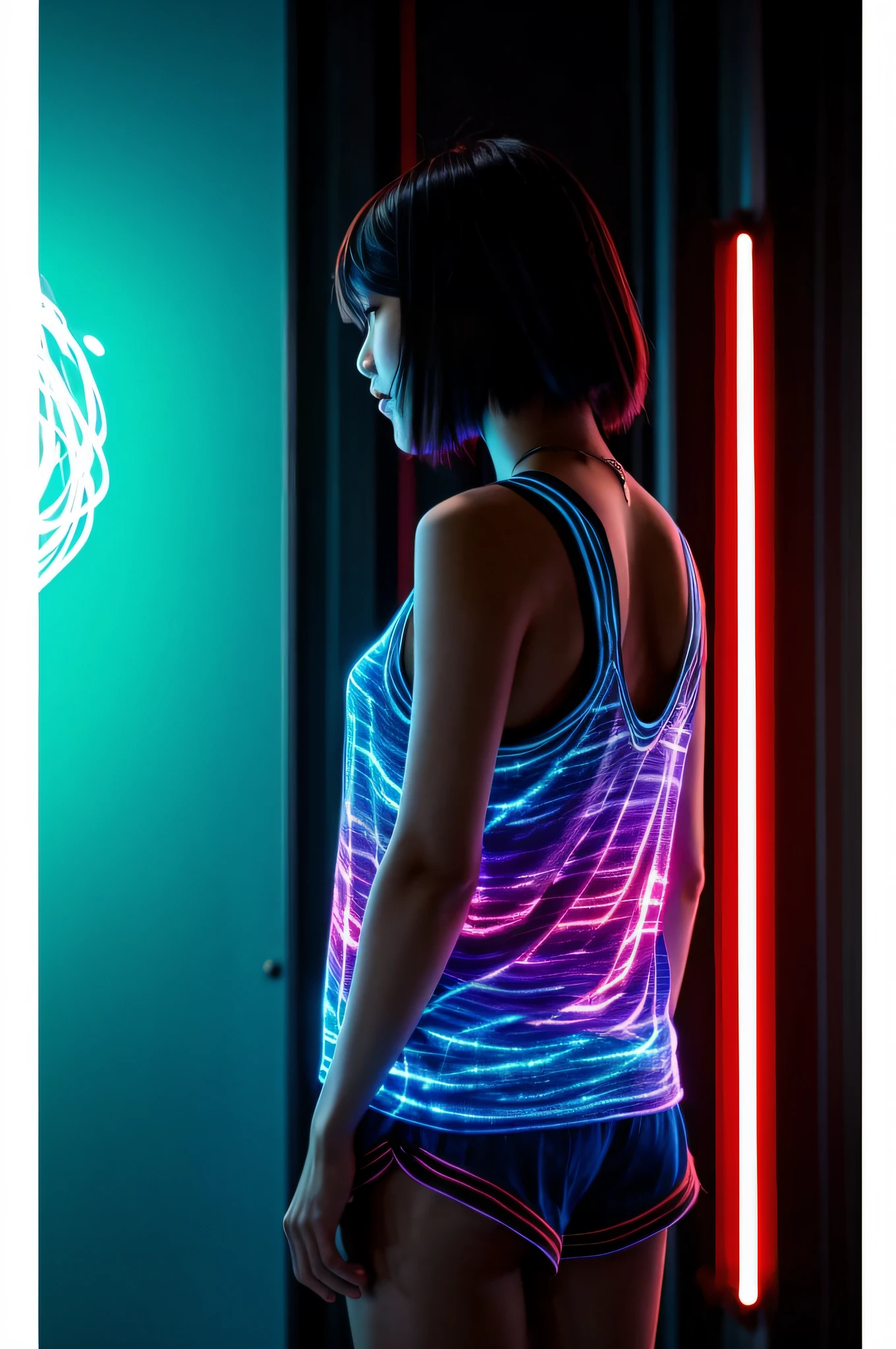 Colorful Digital luminescence outlining a still movie, a japanese female model, cleavage, shorts, wearing casual clothes figure's sillhouette, showcasing the vibrant interplay of nerves and energies within