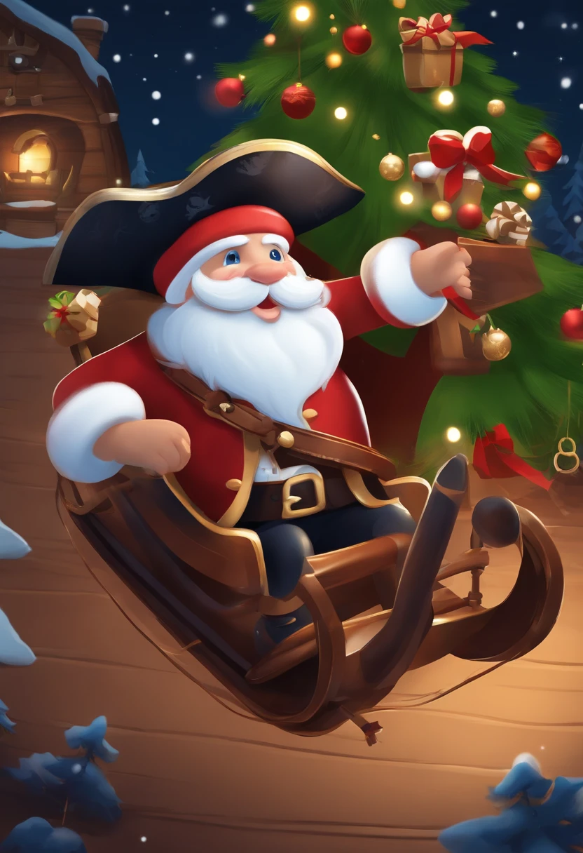 Cartoon game style pirate sitting on sledding,Pirates fly in the sky on sleds,The background is Christmas night,There are some Christmas trees,The style is cute and flat,The color scheme is lively/Users/chengzi/Desktop/Screenshot2023-10-18 11.55.04.png