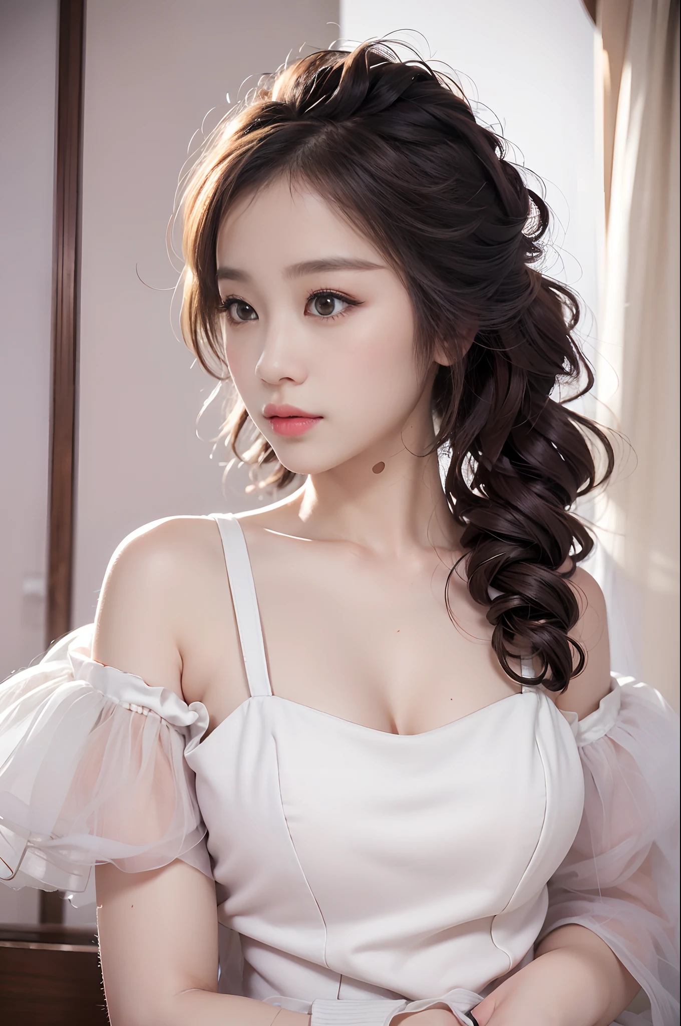 best qualtiy, tmasterpiece, 超高分辨率, realisticlying, 1girll, bshoulders, ssmile, Oversized_Sweater, gentlesoftlighting, Delicate skin, brown hair,(Beautiful breasts),