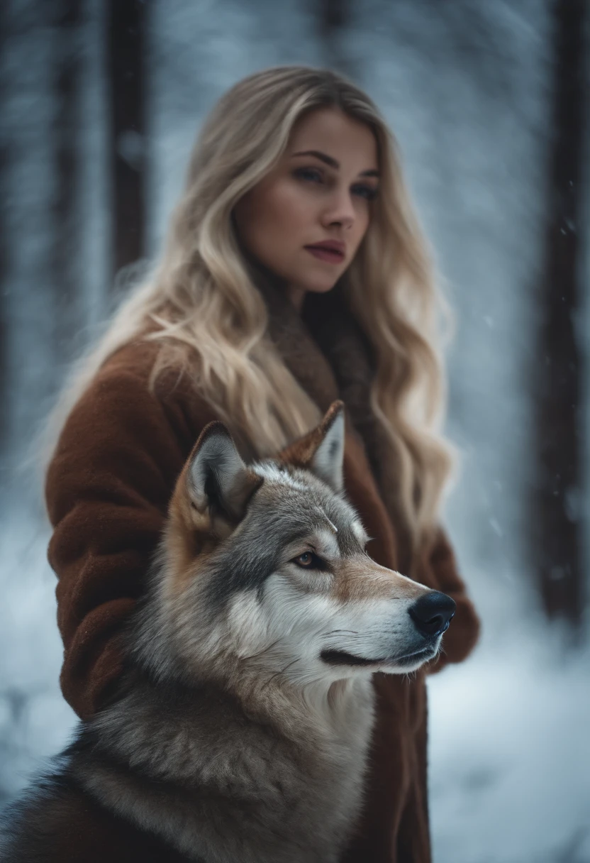 Blonde girl in the icy forest next to a big brown two wolf.