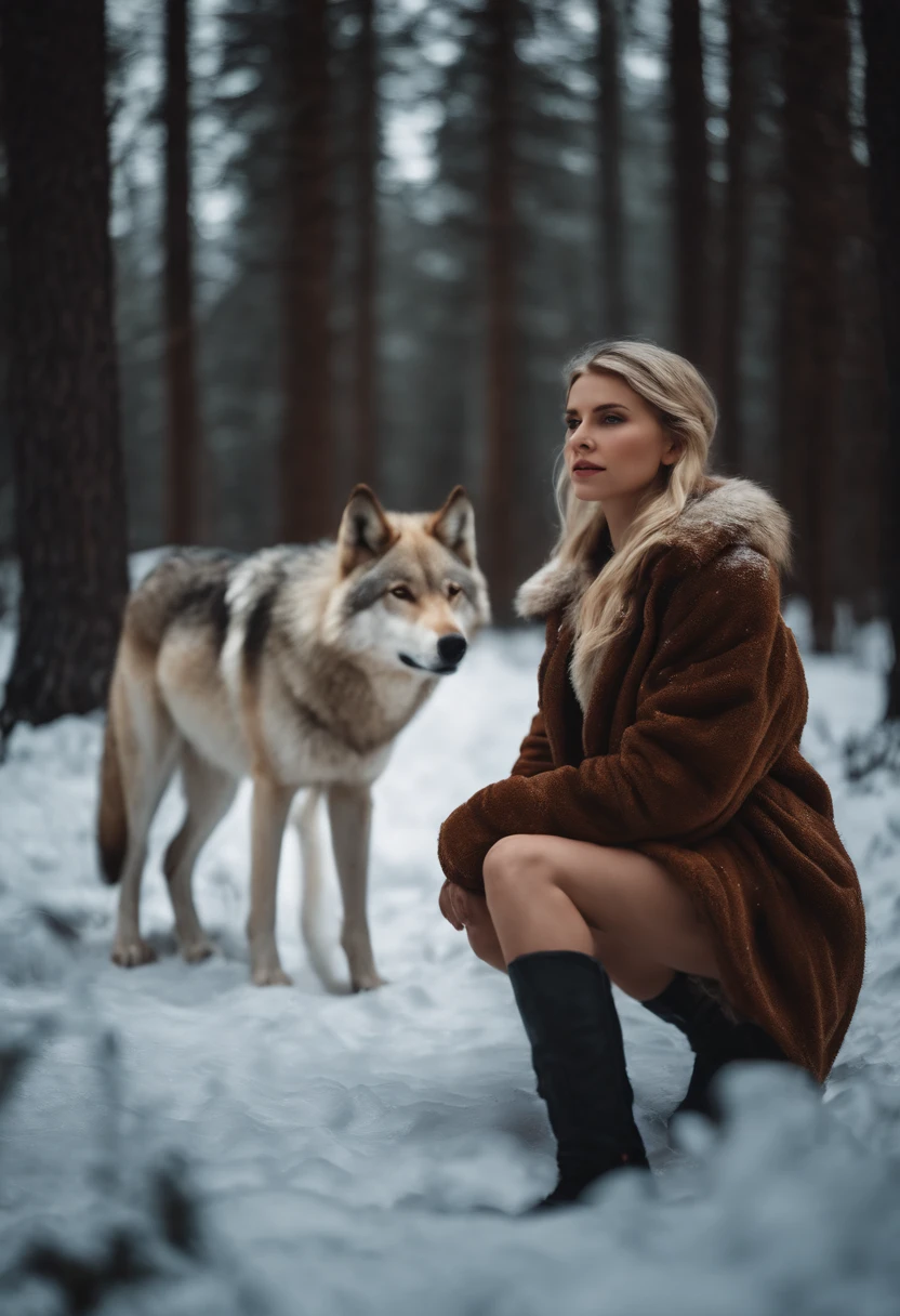 Blonde girl in the icy forest next to a big brown two wolf.