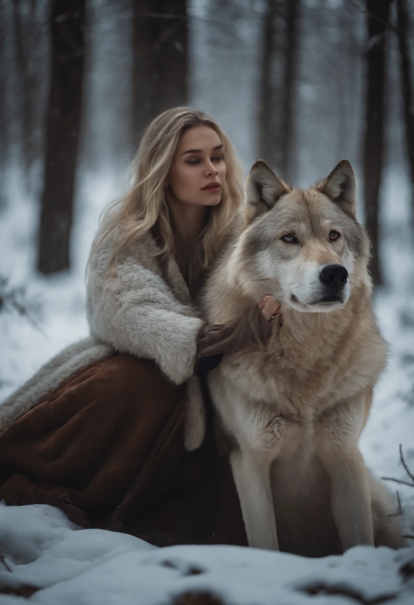 Blonde girl in the icy forest next to a big brown two wolf.