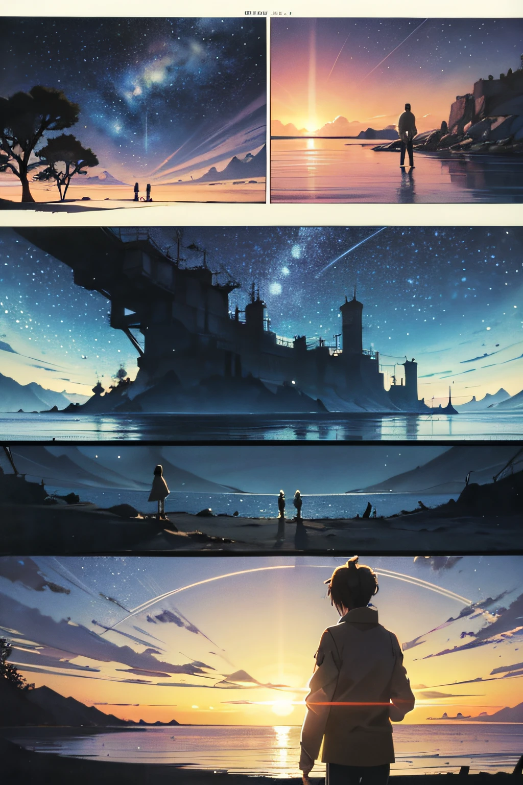 comic strip，Cartoon Split，Exceptional，Storyboard，Masterpiece, Anime college student standing by the sea, Bright starry sky. romantic couple, Makoto Shinkai's picture, Pisif, concept-art, Lofi art style, Reflection. By Makoto Shinkai, Lofi art, beautiful anime scenes, Anime landscape, Detailed scenery —width 672, in the style of makoto shinkai, Makoto Shinkai's style, Enhanced detail.