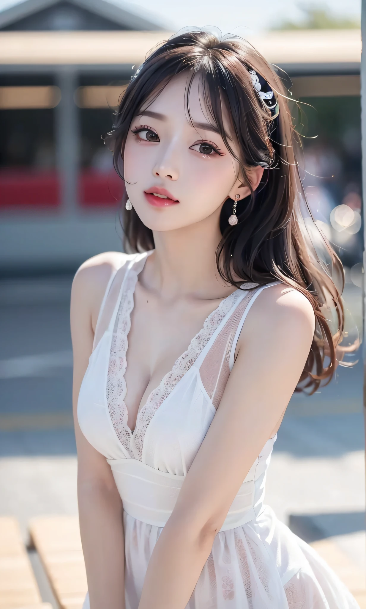 (8k, RAW photo, photorealistic:1.25) ,Full body, ( lip gloss, eyelashes, glossy side, radiant skin, best quality, ultra high resolution, depth of field, chromatic aberration, caustic, wide light, natural shadow, Kpop idol) Watch the audience with serenity and goddess-like happiness,