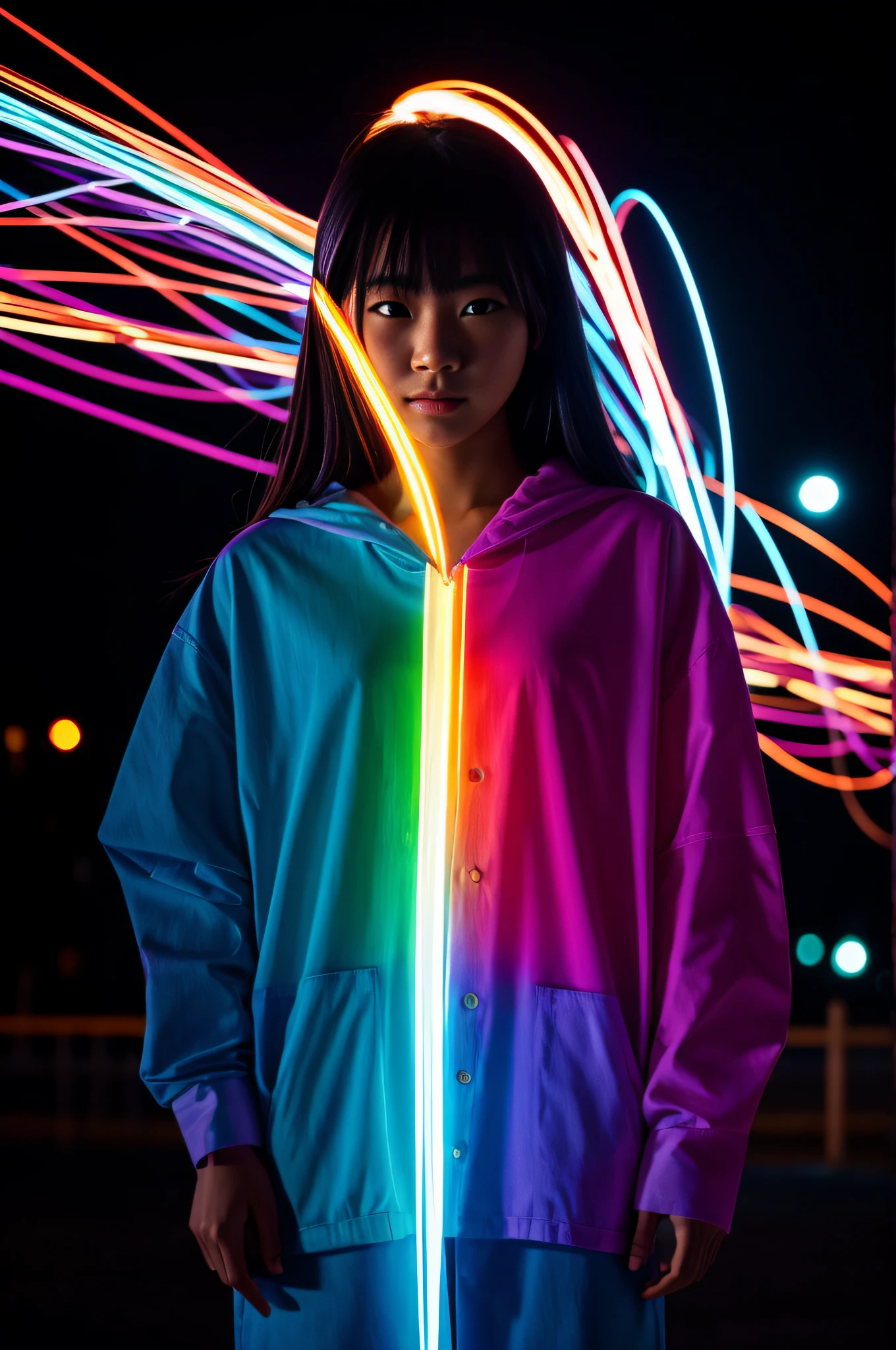 beautiful woman, 24 years old, cute smile, braids, clear hoodie, on knees, alley, no pants, shown, rgb, night, light rays, edc, rave, highres, lens flare, led, masterpiece, cinematic lighting, perfect skin, long vivid colorful hair, cameltoe, rave lighting,