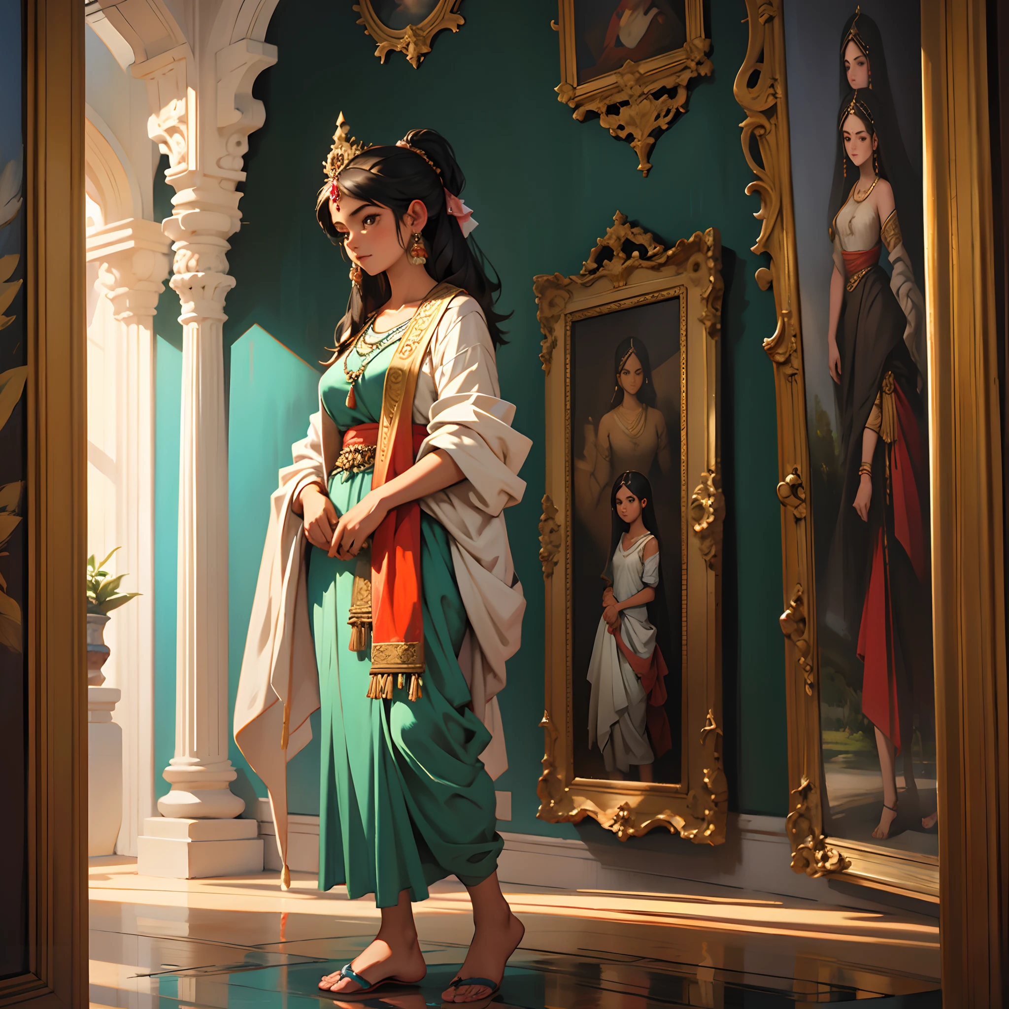 Girl standing in the gallery , oil painting, art by krishna