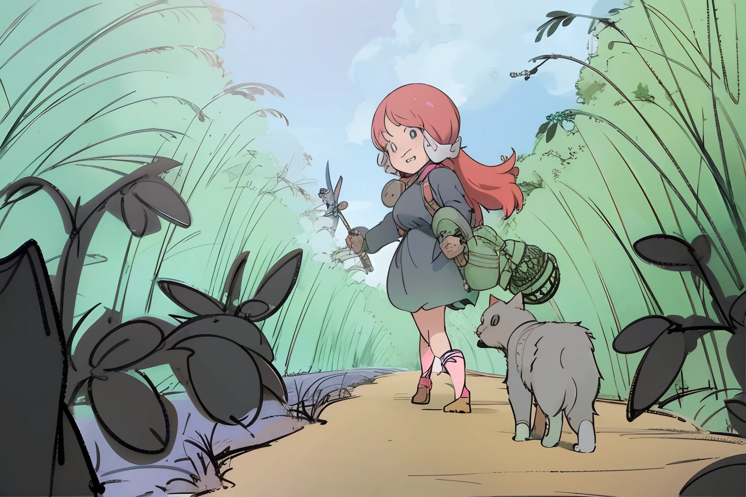 A girl walks down a path with a cat,  Inspired by Daphne Fedab, comic book illustration,,fantasy graphic novel style, anime big breast,outstanding， 夏天，clear skies