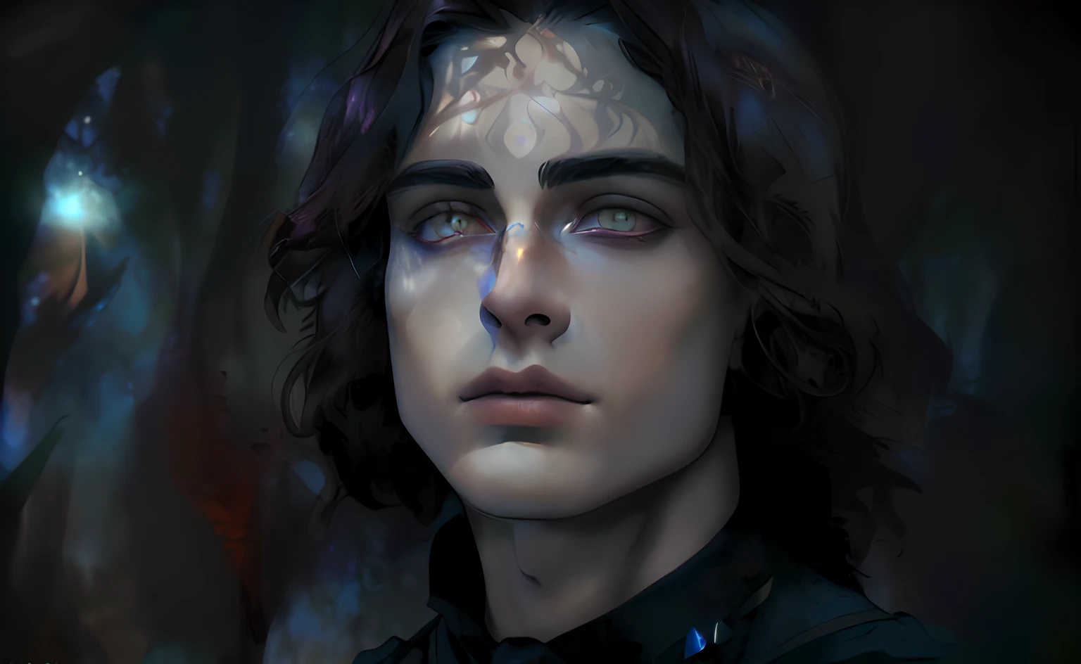 fantasy, medieval dark forest, Young Man, dark colored hair, amber eyes, light skin, graceful facial features, silk shirt, Jewelry around the neck with gems, Looks a bit like Timothée Chalamet, magic, Summon shadow, shadow mage