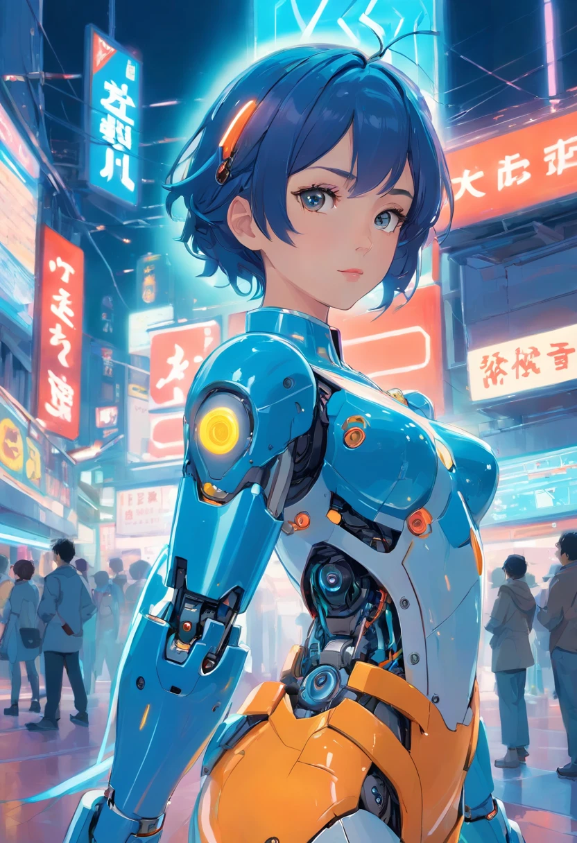 Gorgeous artificial intelligence, Beautiful woman with robot body, Ultra photo realsisim, Movie Angle, Blue neon blurred background, Apparent circuit, vibrant, Detailed, zbrush, comic book illustration, trending on artstationh. author:Peter Mohrbacher, by WLOP, author:ruanjia, by Alphonse Mucha, author:Dmitry Prozorov, author:norman rockwell,