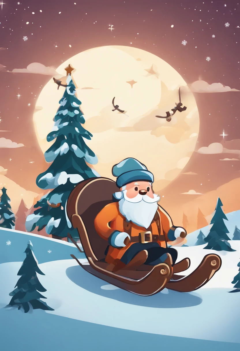 Cartoon game style pirate sitting on sledding,Pirates fly in the sky on sleds,Look up at the perspective,The composition has an impactful backdrop of Christmas night,There are some Christmas trees,Cute flat game in style,The color scheme is lively/Users/chengzi/Desktop/Screenshot2023-10-18 11.55.04.png