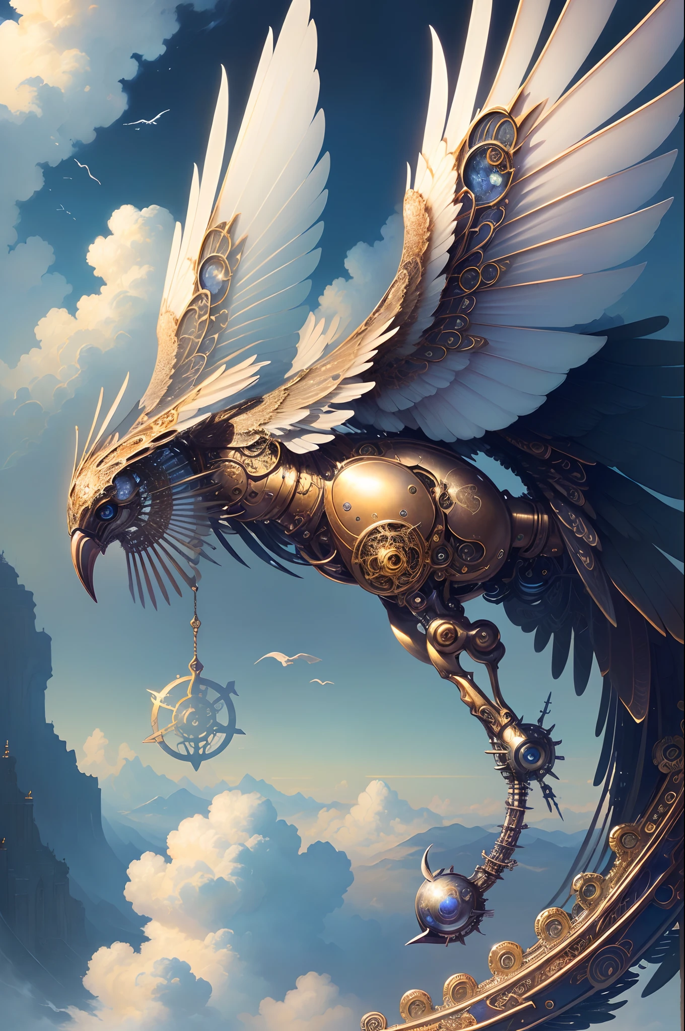((nood)), ((tmasterpiece)), (A detailed),Mechanical bird,a bird,Details in the clouds, (fantasy illustrations:1.3),Delicate wings, Otherworldly charm,gear wheel, (by Luis Royo:1.2), (Yoshitaka Amano:1.1),