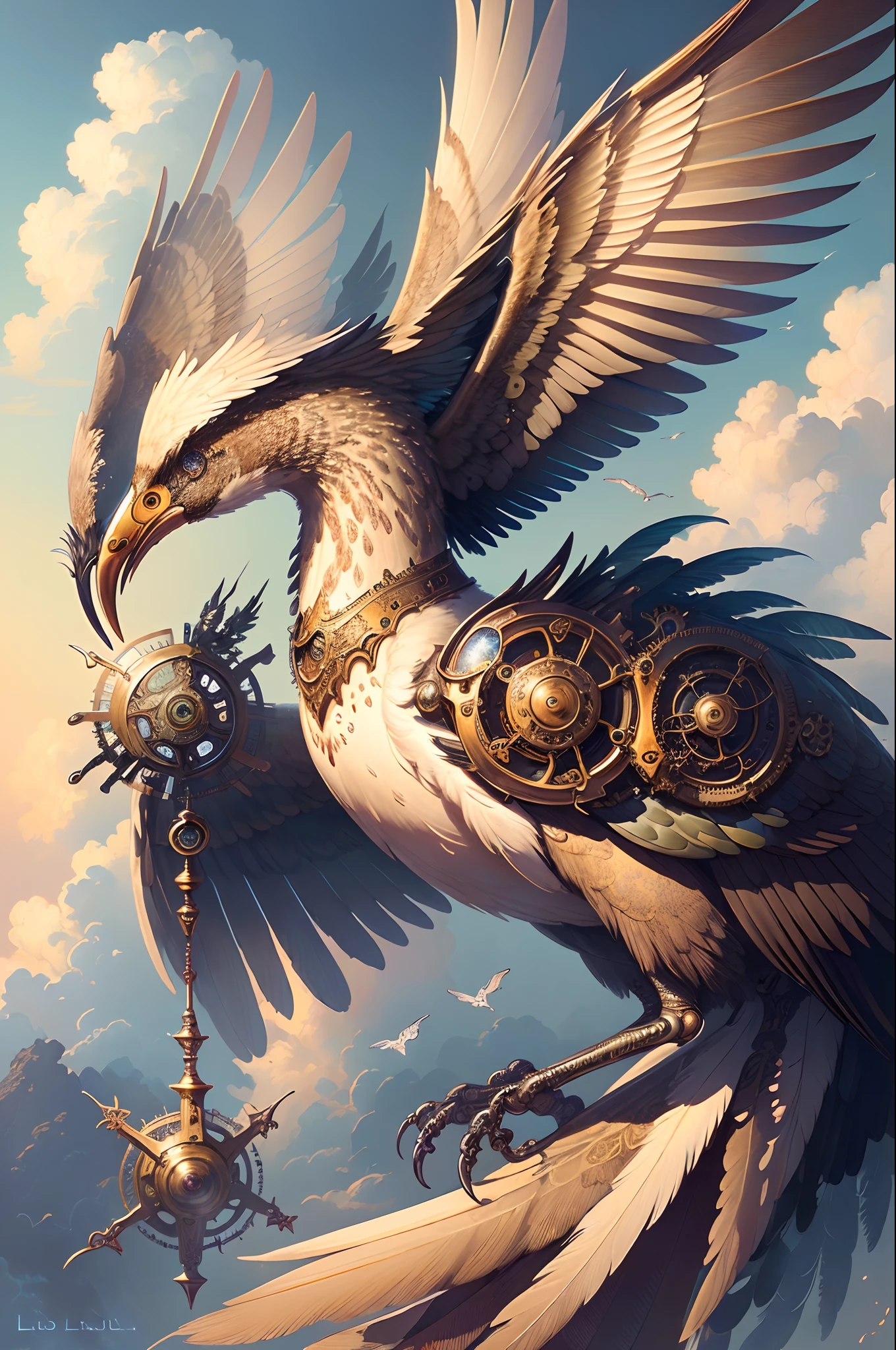 ((Need)), ((tmasterpiece)), (A detailed),Mechanical birds,The bird,Details inhabit the clouds, (fantasy illustrations:1.3),Delicate wings, otherworldly charm,gear wheel, (Luis Royo:1.2), (Yoshitaka Amano:1.1),