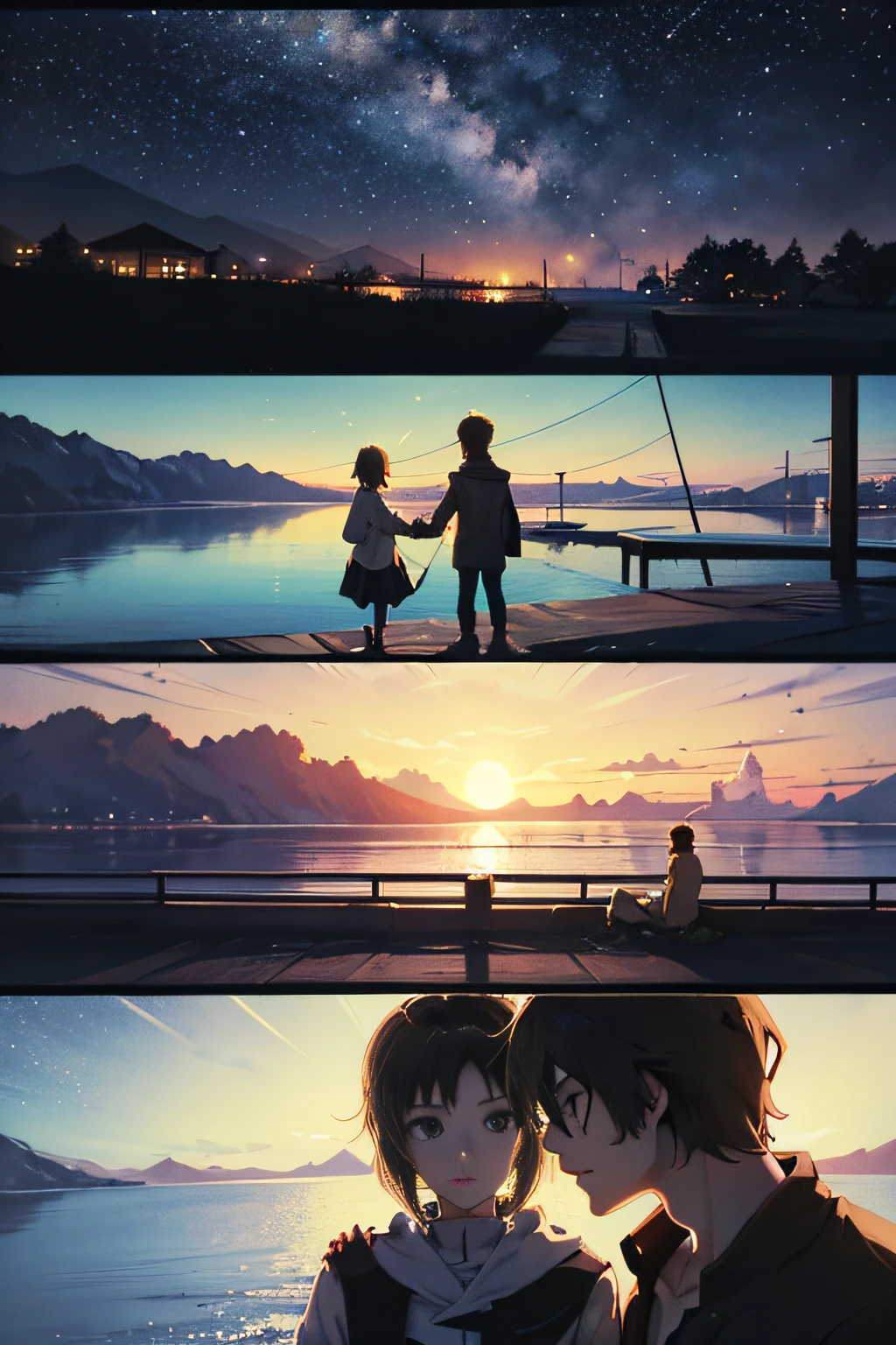 comic strip，Cartoon Split，Exceptional，Storyboard，Masterpiece, Anime college student standing by the sea, Bright starry sky. romantic couple, Makoto Shinkai's picture, Pisif, concept-art, Lofi art style, Reflection. By Makoto Shinkai, Lofi art, beautiful anime scenes, Anime landscape, Detailed scenery —width 672, in the style of makoto shinkai, Makoto Shinkai's style, Enhanced detail.