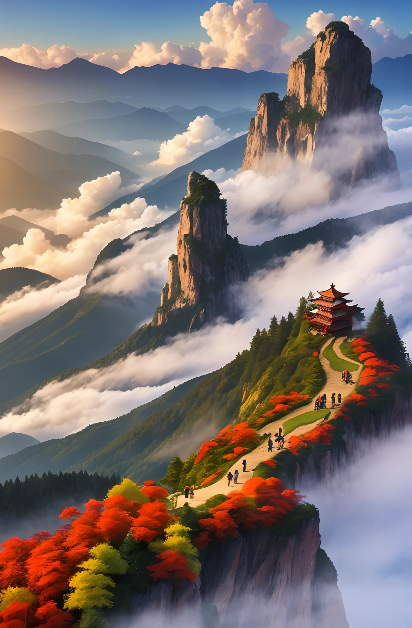 ((masterpiece)), ((best quality)), 8k, high detailed, ultra-detailed, ; An elderly person climbing a mountain with a walking stick, surrounded by mist and clouds. The sun shining through the mist, creating a beautiful and mystical atmosphere. A clear and pristine sky above, filled with fluffy white clouds. From the mountaintop, the elderly person gazes into the distance, taking in the breathtaking view. The scene includes elements of the Double Ninth Festival, with vibrant red chrysanthemums blooming in the foreground.  An elderly person climbing a mountain, surrounded by mist and clouds, with the sun shining through. The sky above is clear, with fluffy clouds floating by. The elderly person stands on the mountaintop, looking into the distance. The scene also includes vibrant red chrysanthemums, symbolizing the Double Ninth Festival.  mountain, mist, clouds, elderly person (climbing, with walking stick), sun (shining through mist), sky, mountaintop, view, Double Ninth Festival (chrysanthemums). --auto --s2