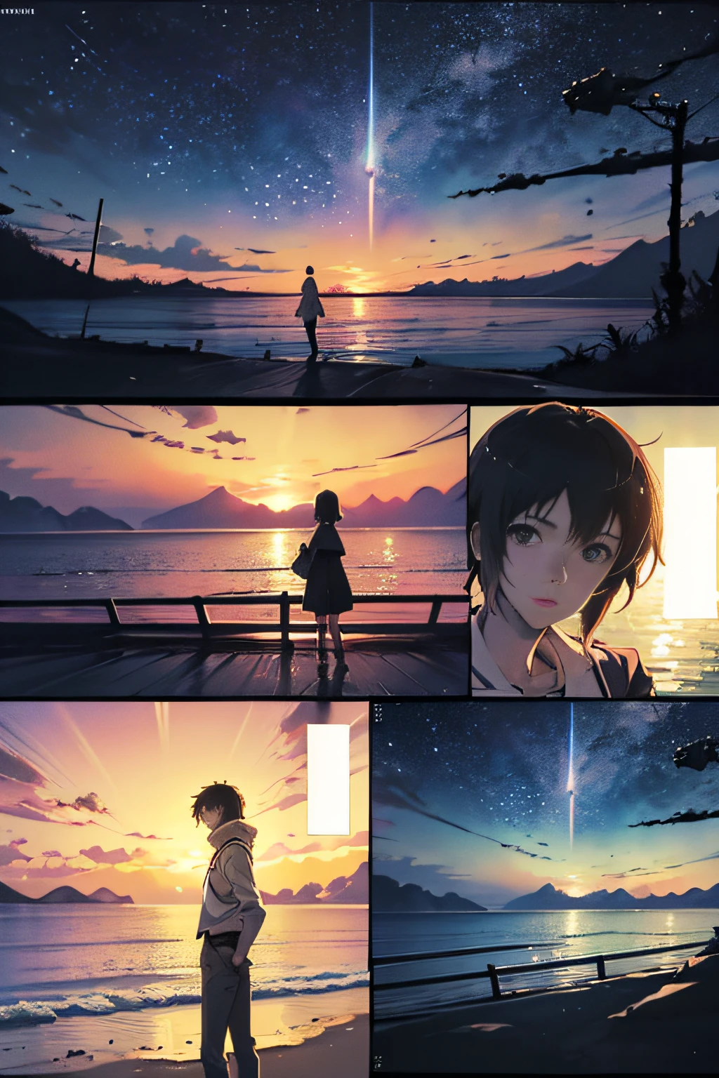 comic strip，Cartoon Split，Exceptional，Storyboard，Masterpiece, Anime college student standing by the sea, Bright starry sky. romantic couple, Makoto Shinkai's picture, Pisif, concept-art, Lofi art style, Reflection. By Makoto Shinkai, Lofi art, beautiful anime scenes, Anime landscape, Detailed scenery —width 672, in the style of makoto shinkai, Makoto Shinkai's style, Enhanced detail.