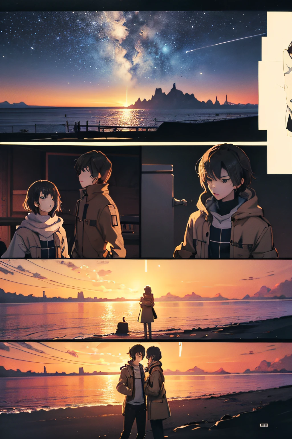 comic strip，Cartoon Split，Exceptional，Storyboard，Masterpiece, Anime college student standing by the sea, Bright starry sky. romantic couple, Makoto Shinkai's picture, Pisif, concept-art, Lofi art style, Reflection. By Makoto Shinkai, Lofi art, beautiful anime scenes, Anime landscape, Detailed scenery —width 672, in the style of makoto shinkai, Makoto Shinkai's style, Enhanced detail.