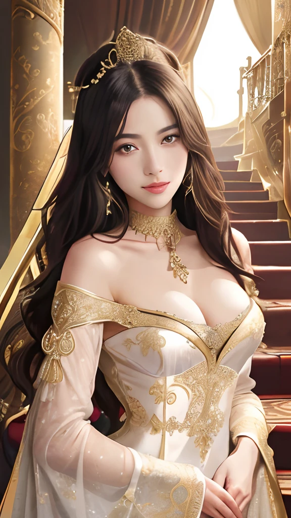 (masutepiece, Best Quality: 1.4), in 8K,Raw photo,Real person,Photorealsitic, (full bodyesbian:1.5), natural soft light, Glossy skin, Detailed skin, Detailed face, Detailed eyes, Perfect beautiful hands, Detailed fingers, beautifully detailed eyes, Perfect eyes, Seductive eyes,A charming smile、细致Background with、break、
Beautuful Women、Mature woman with sexy body, Medieval emperors、Medieval emperor's dress with luxurious embroidery(Intricate details of the dress)、break、
Background with(The luxurious imperial room、Luxurious saloon、Luxurious throne at the top of three flights of stairs)、break、
is standing