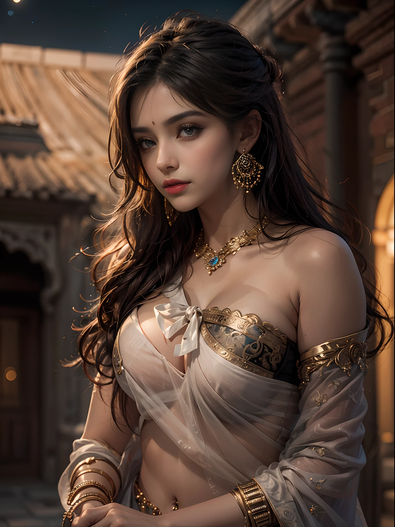 walking in a moonlit courtyard, exotic girl, indian, looking at the viewer, shining skin, perfect lighting, the embodiment of grace and elegance, (saree and bra), (Big Tits:1.5), cleavage, clear curvy details, beautiful curves, detailed eyes, detailed pupil, volumetric lighting, Ultra Detailed, unity 8k wallpaper, ultra detailed, aesthetic, masterpiece, best quality, photorealistic